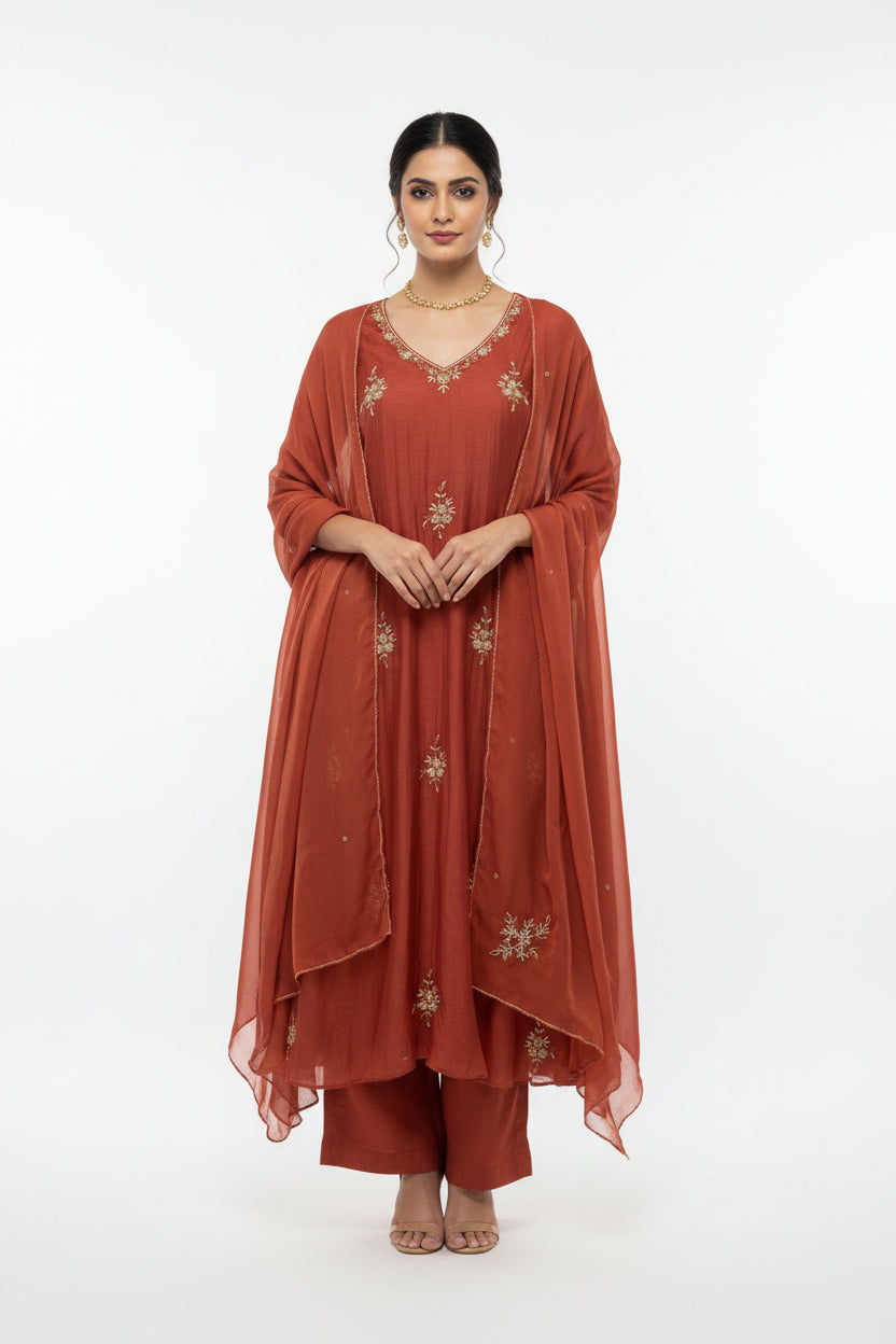 Orange Mul Chanderi Airline Handwork Kurtha