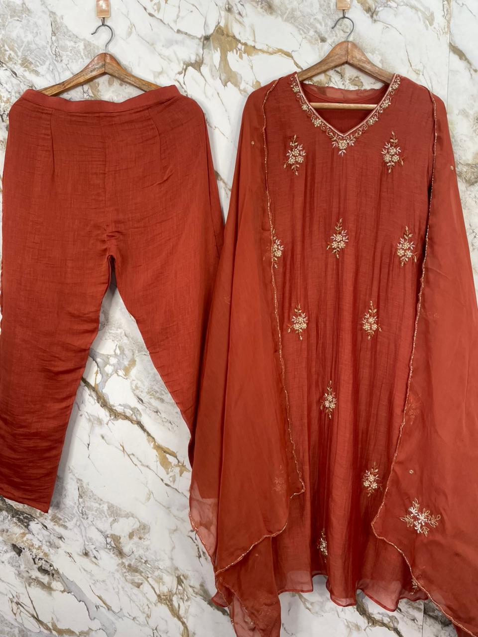 Orange Mul Chanderi Airline Handwork Kurtha