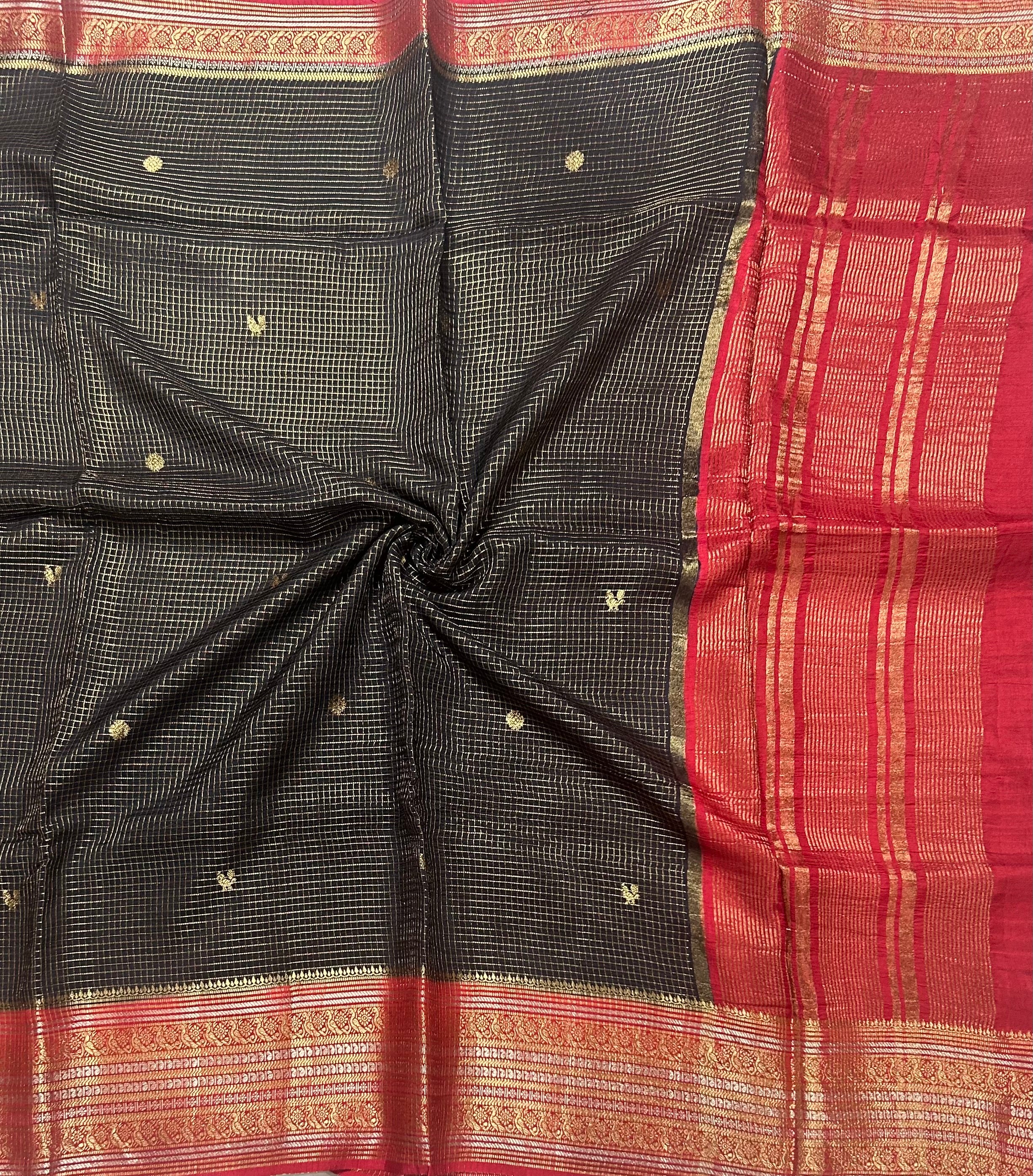 Black small checks contrast semi Mysore crepe 105 saree
