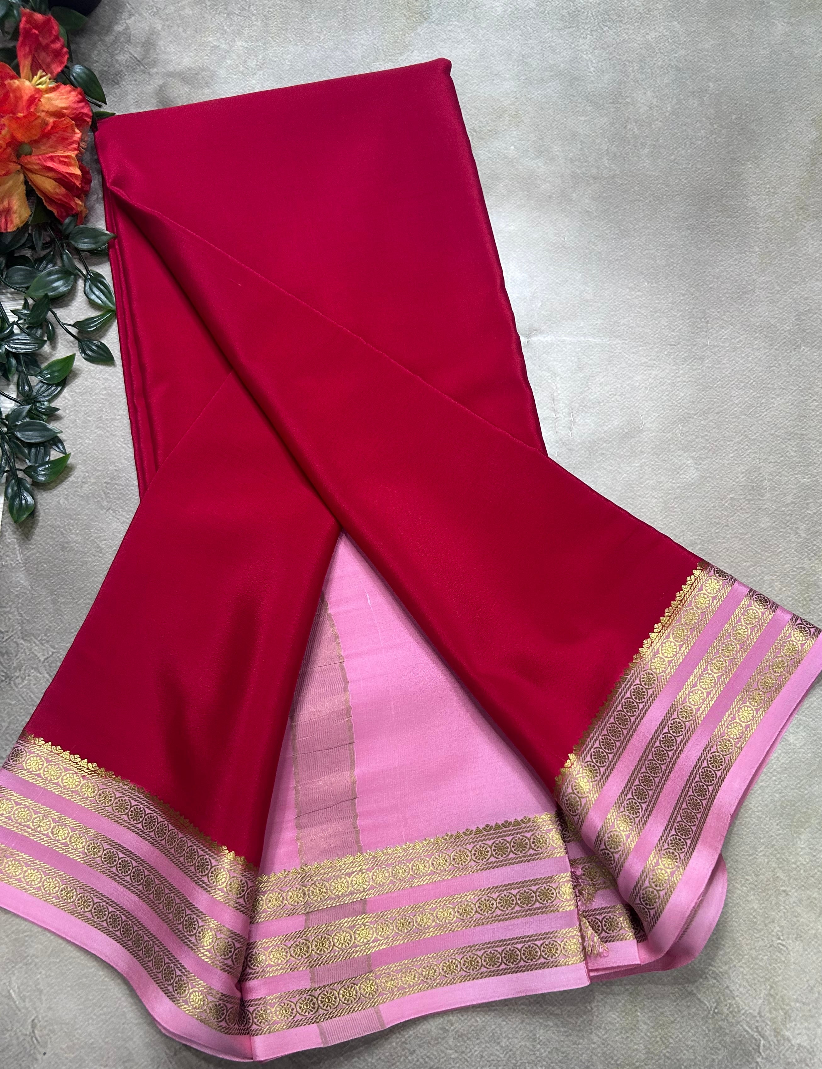 Red small border pure mysore silk saree(MSC106)