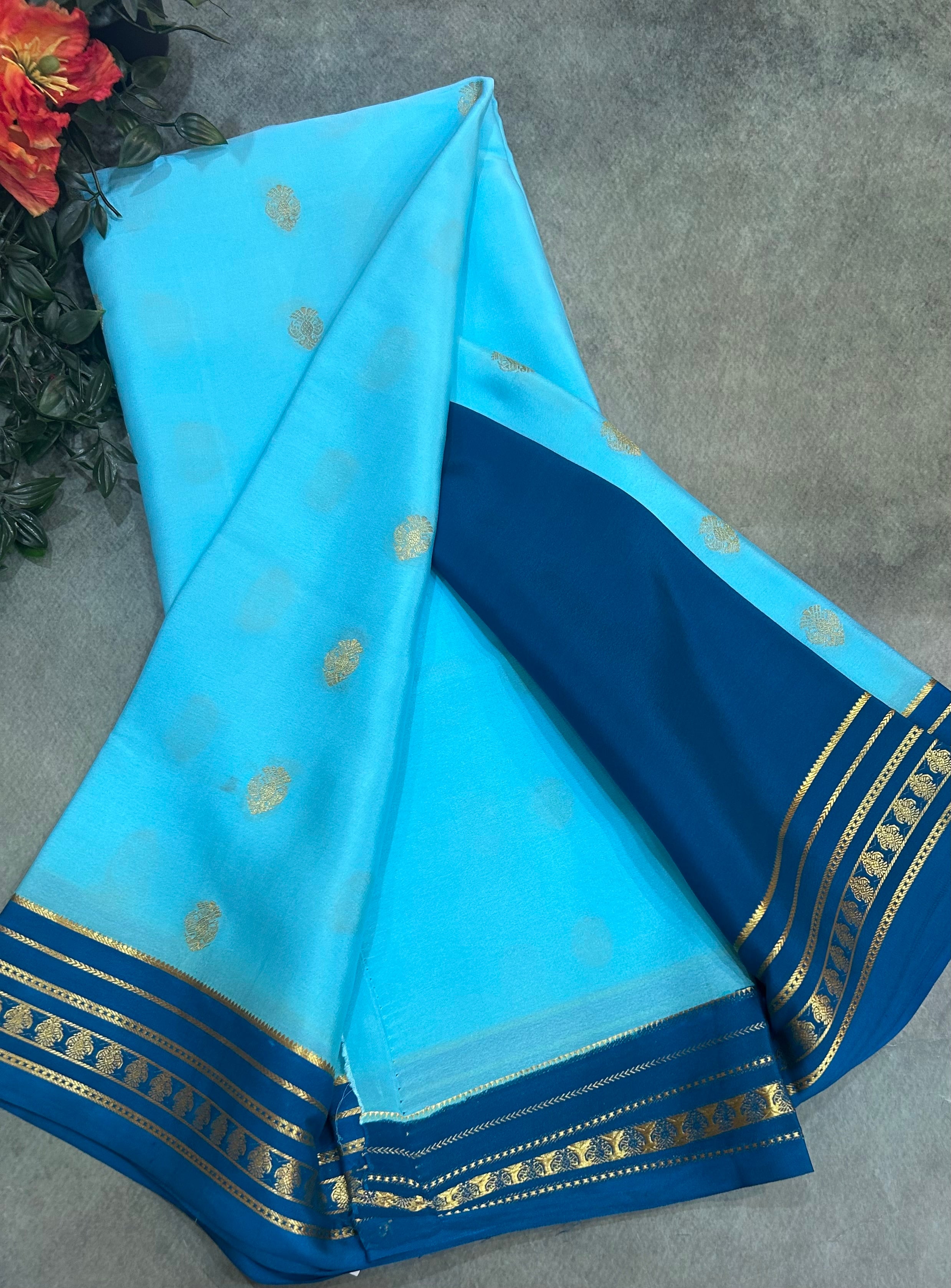 Sky blue stripes border pure Mysore silk 106 saree