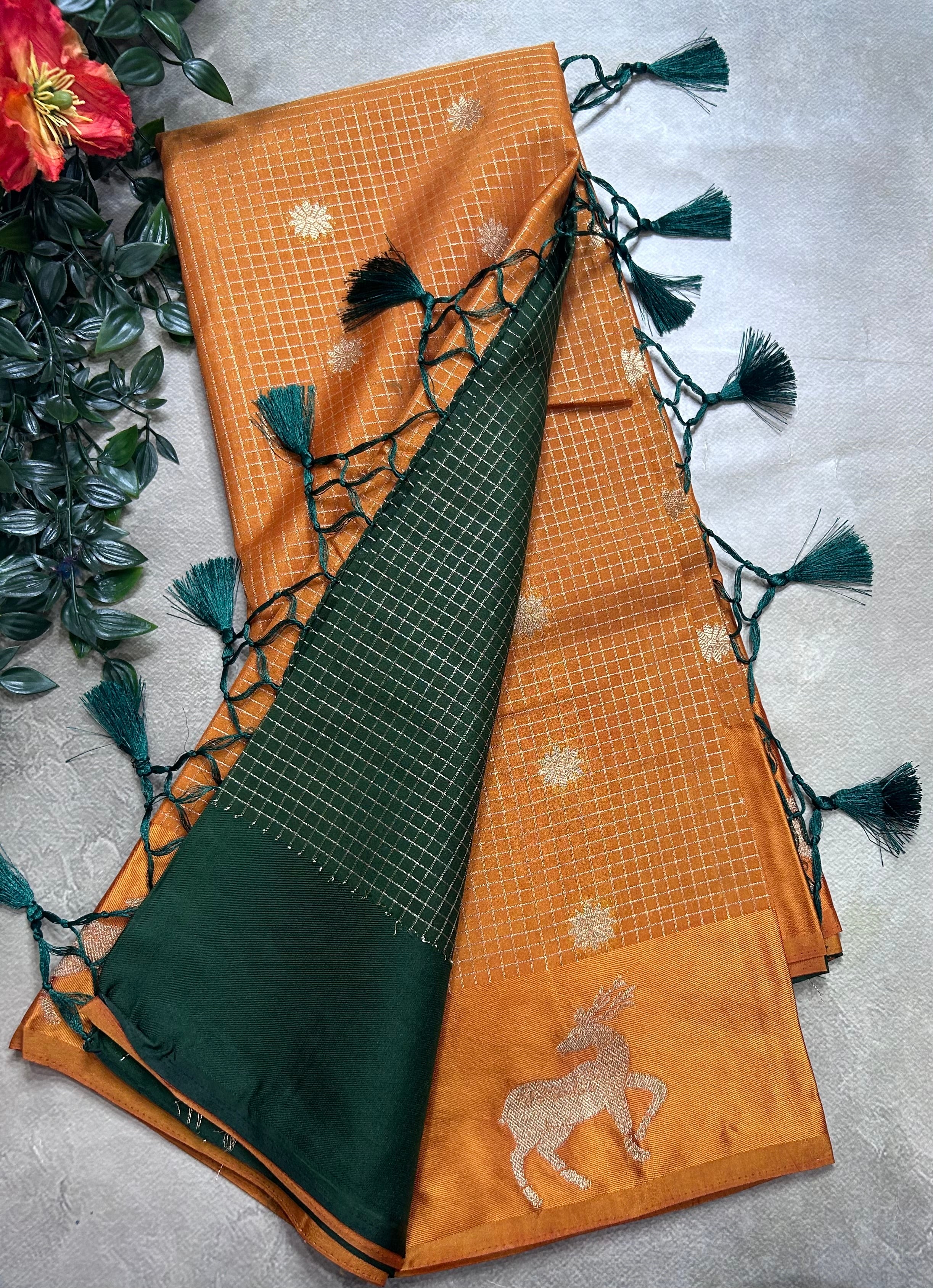 Mustard yellow small checks semi Mysore crepe 106 saree