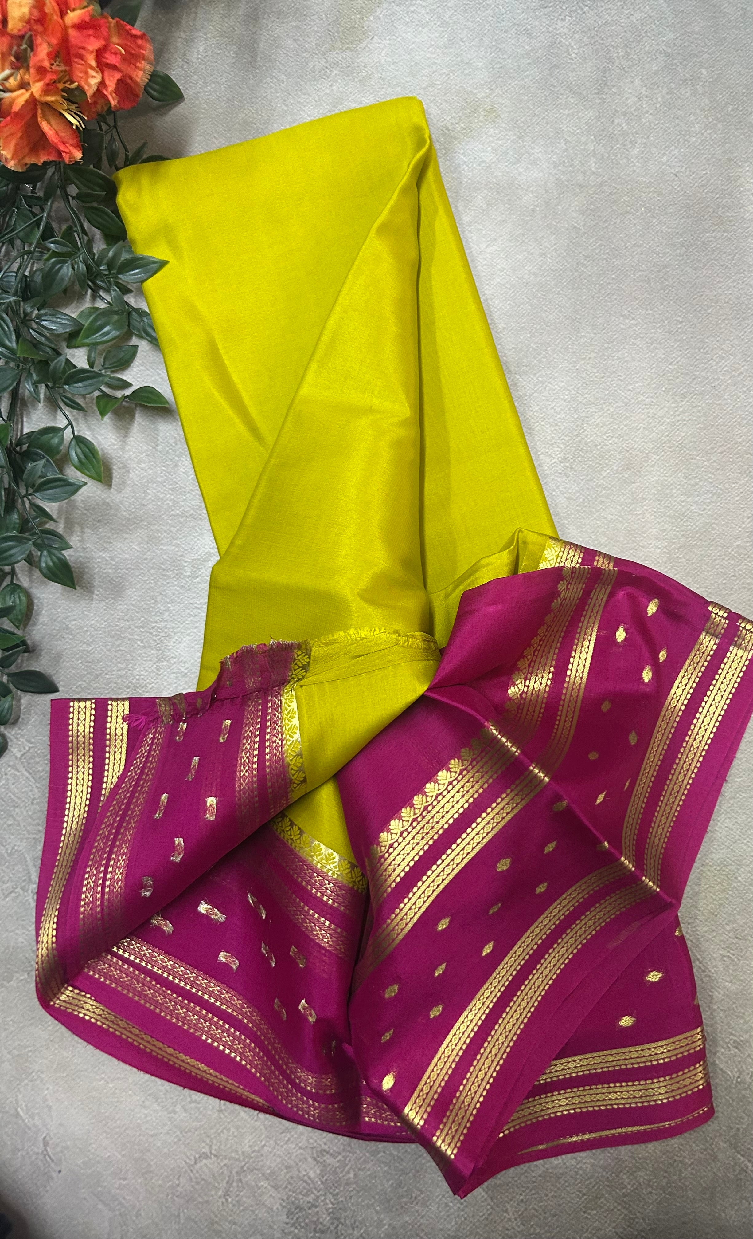 Lime yellow n pink pure Mysore silk saree