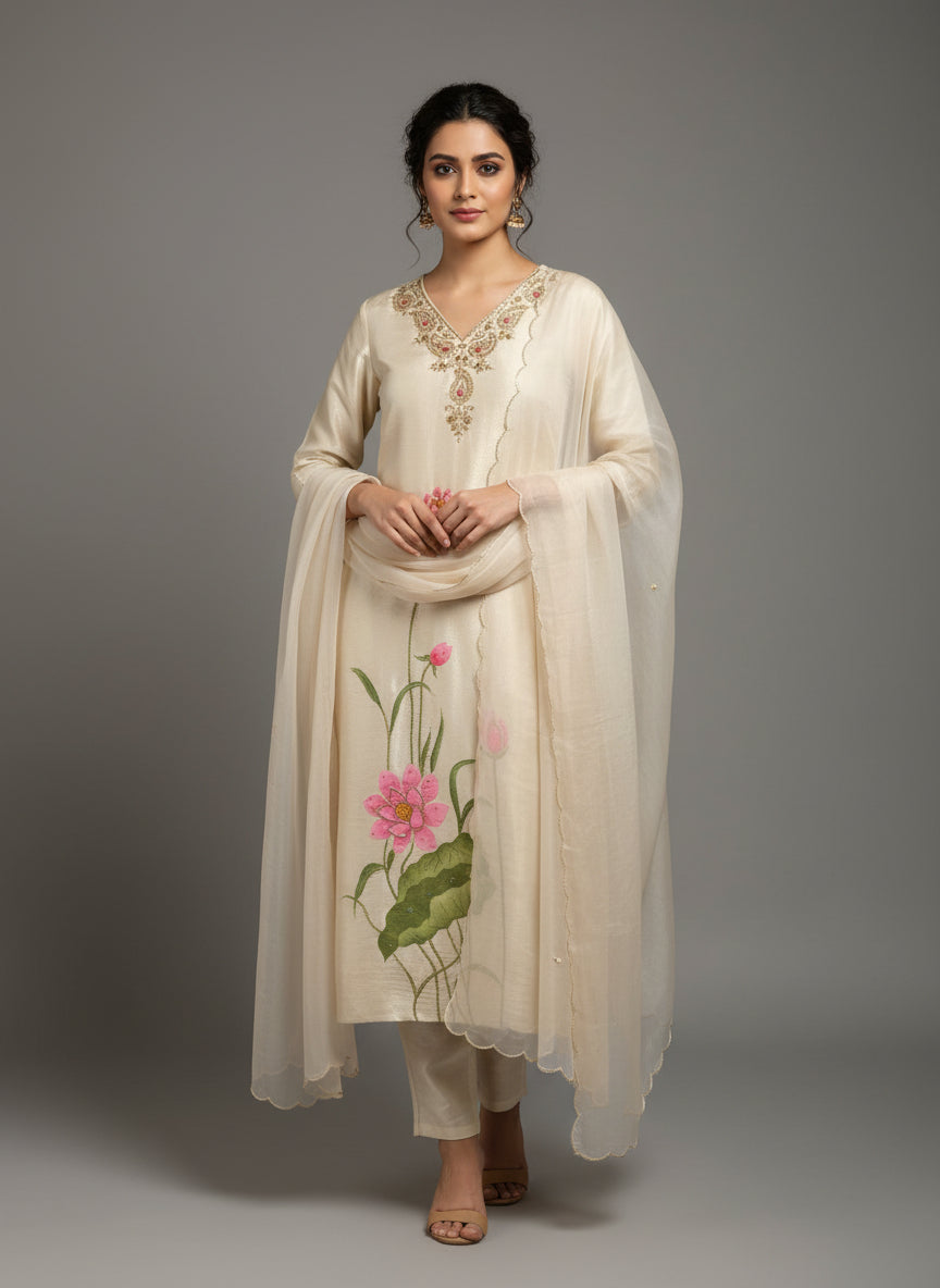 "Chandini" Cream 115 Pure Tissue shimmer Kurtha with Floral Digital Print Zardozi Handwork