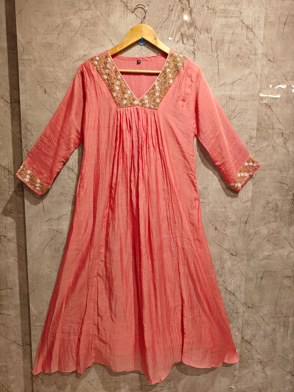Baby Pink Mul Chanderi Hand Embroidery Airline Kurtha 324