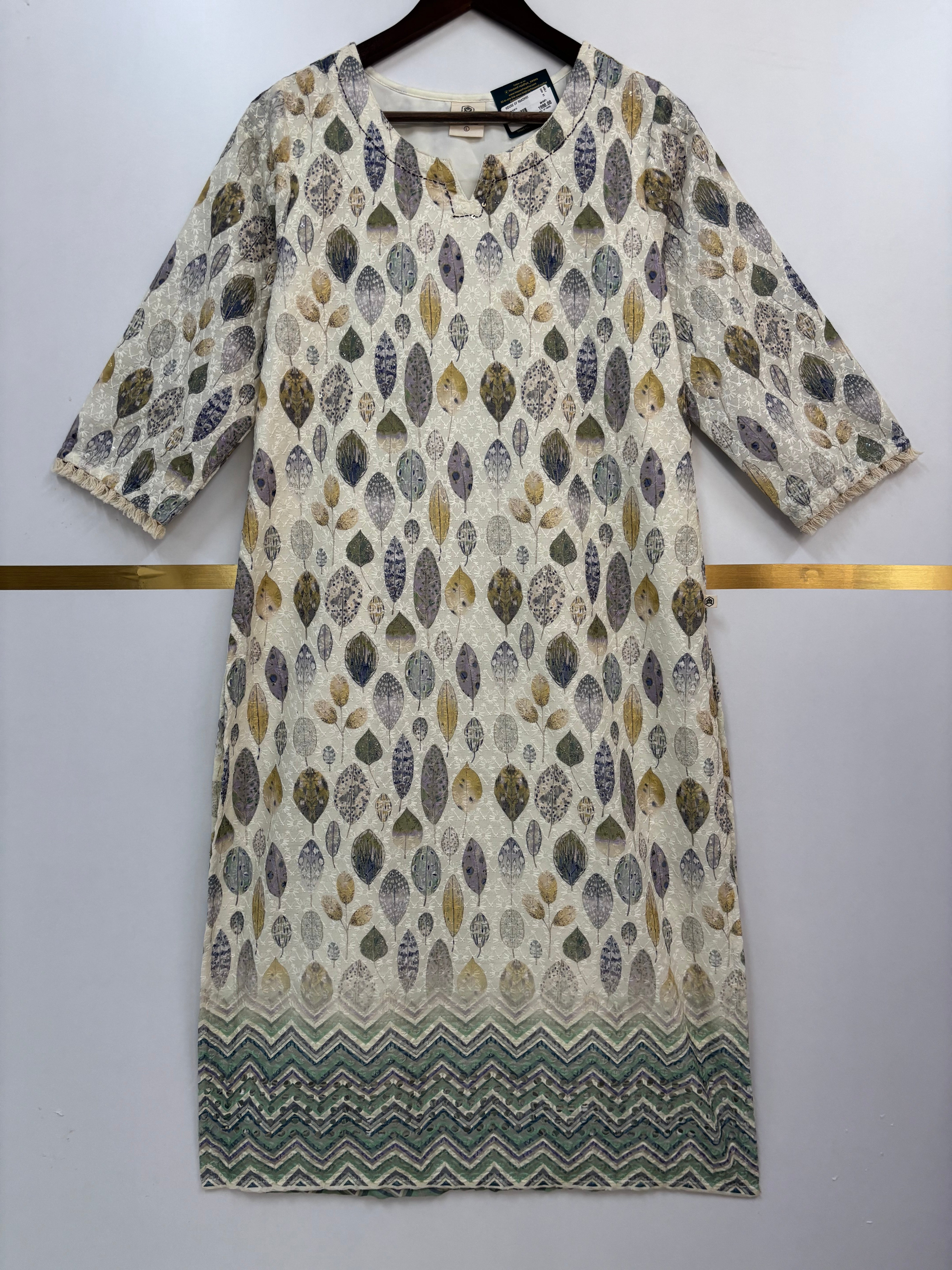 White Cotton Block Print Straight Fit Kurtha