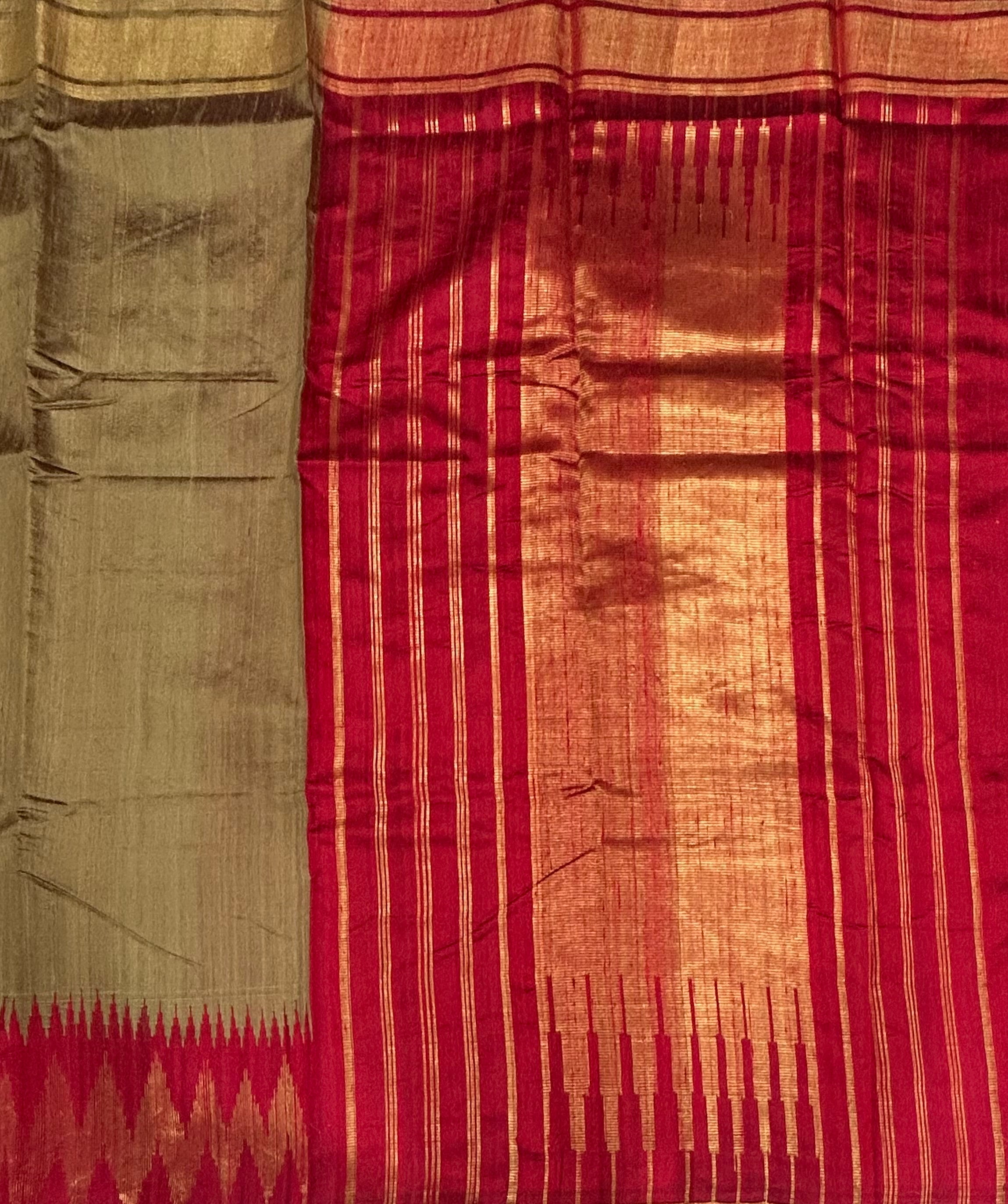 Dark beige temple border pure matka silk saree