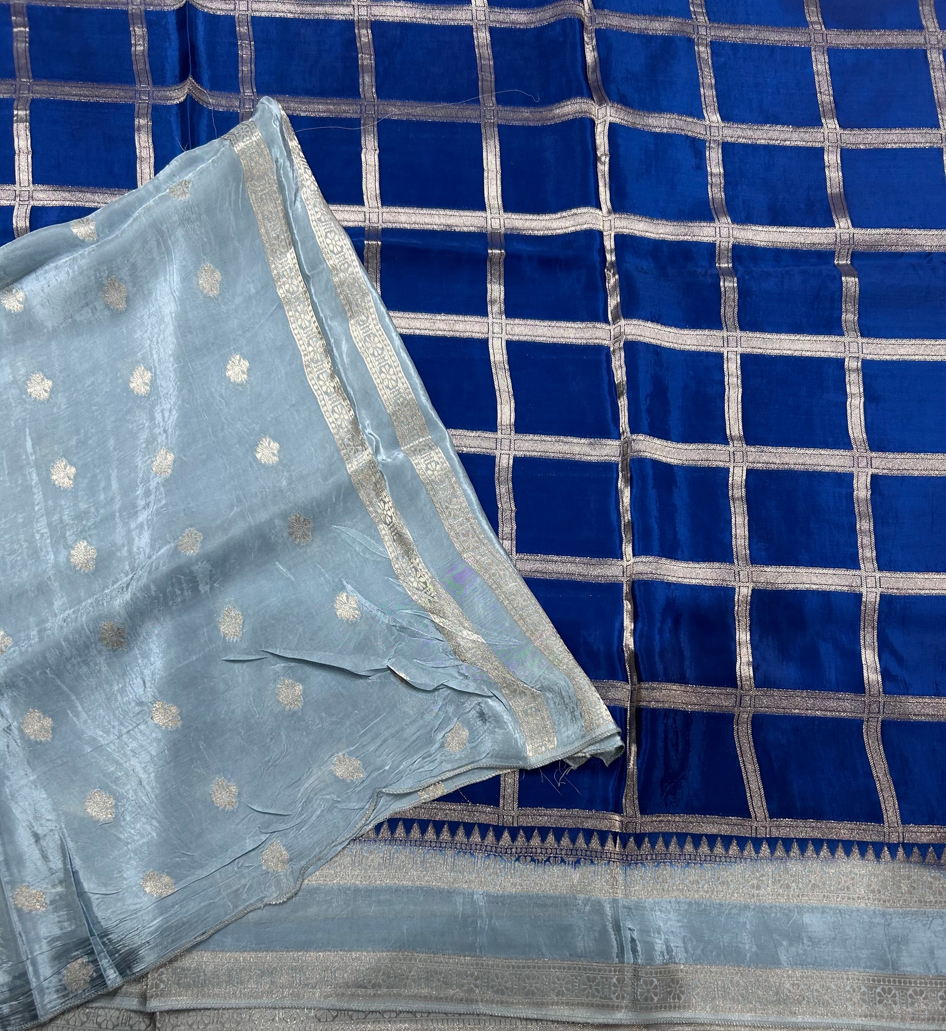 Peacock blue checks n bentex border semi crepe 106 saree