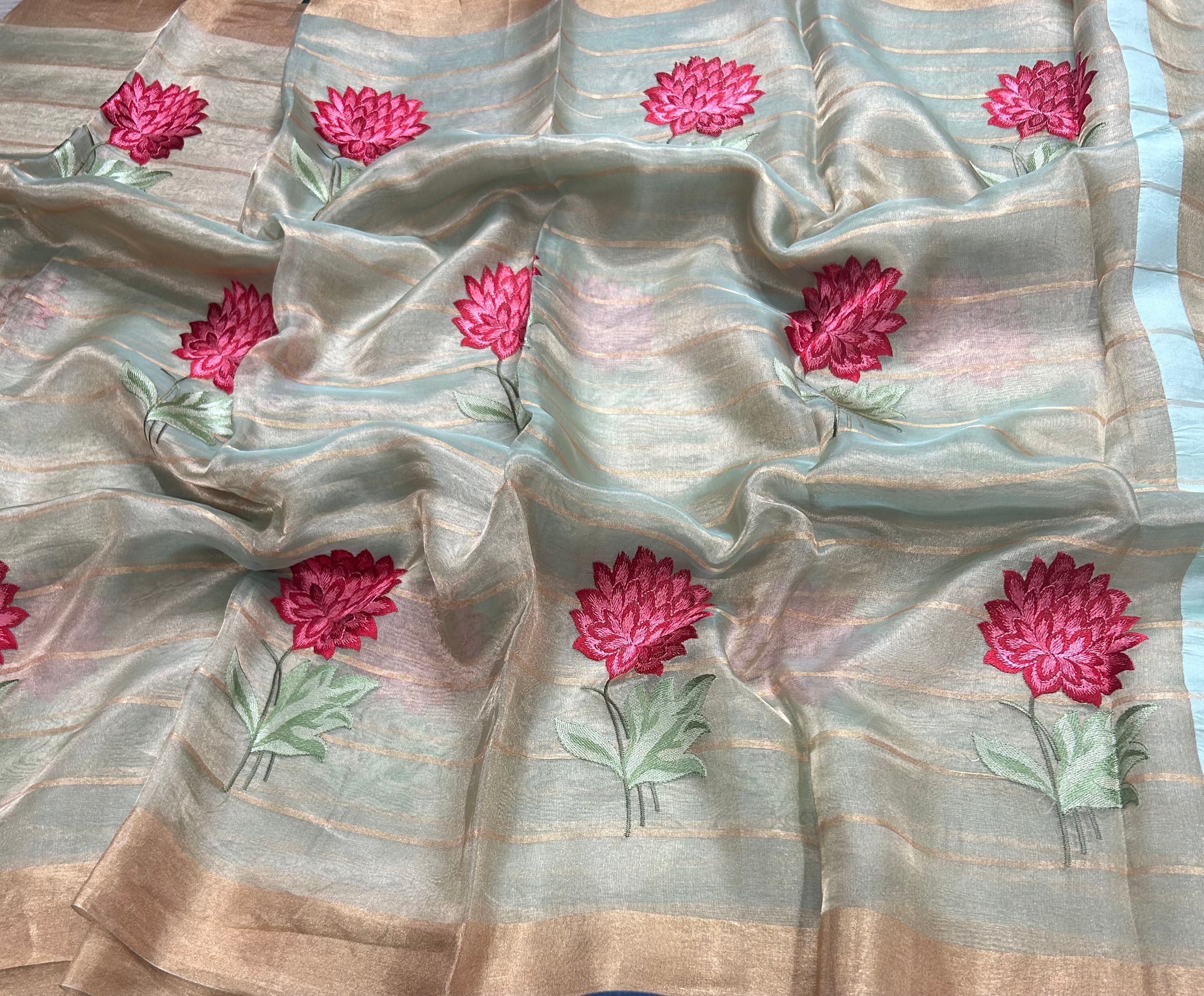 Aqua green floral embroidery work pure tissue organza 105 saree