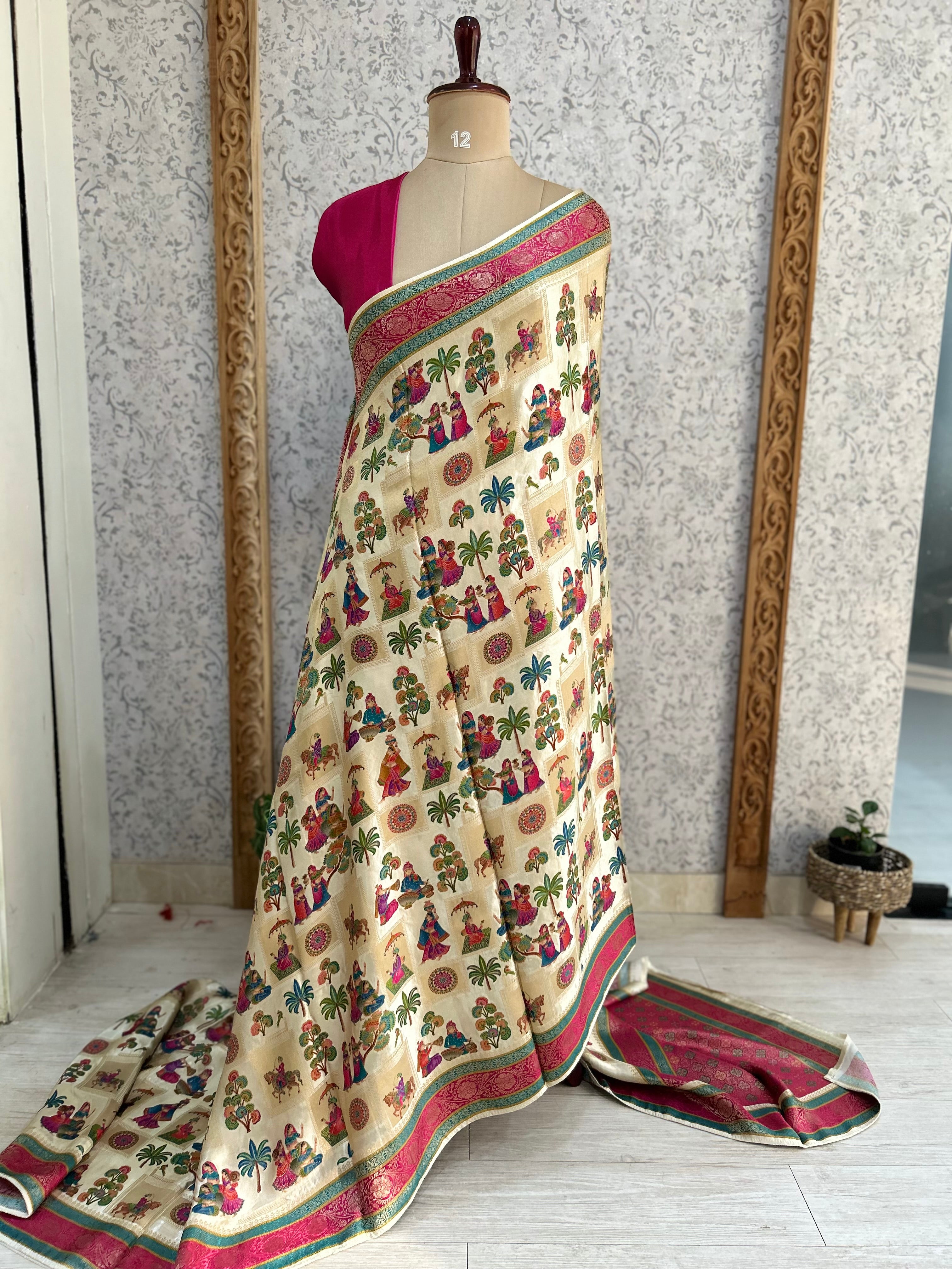 Cream dola crepe silk saree 101