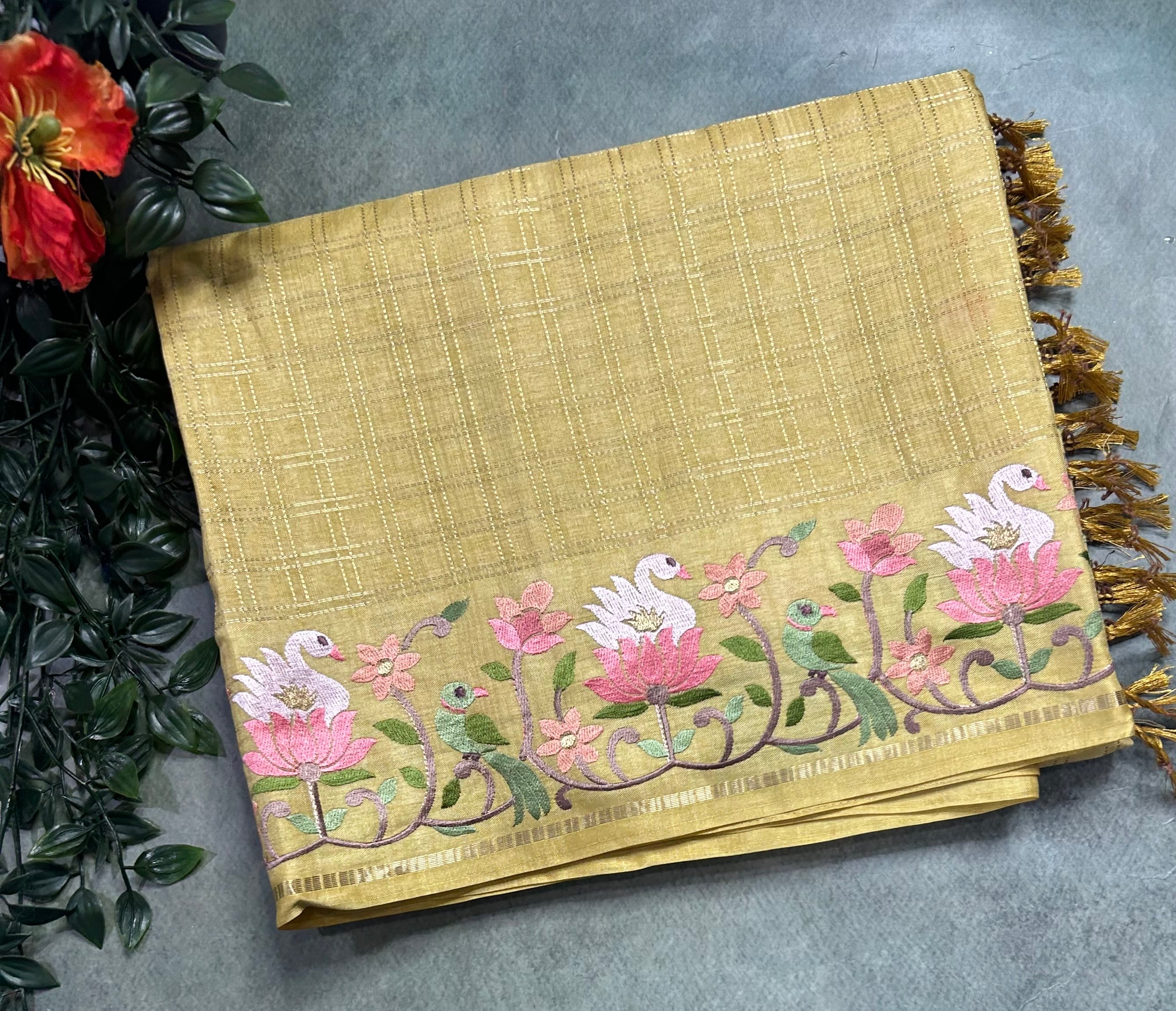 Pastel yellow checks embroidery border semi Tussar 105 saree