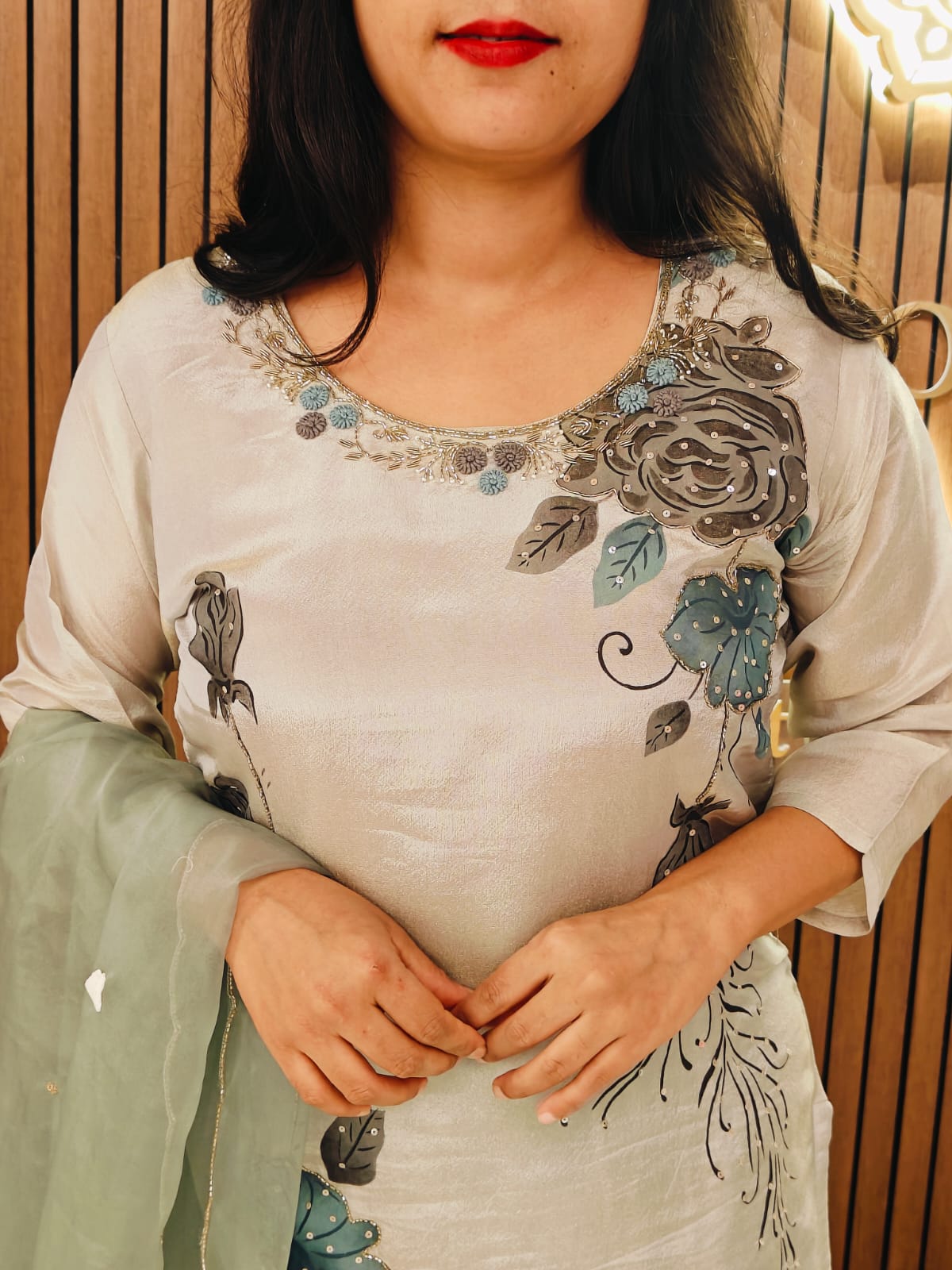 “Chandini" Blue Floral tissue shimmer silk Kurtha suit with work hand embroidery