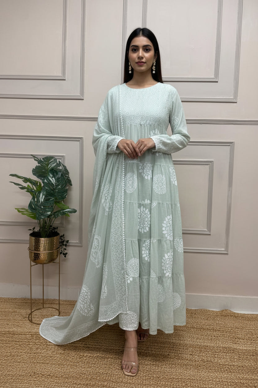 Pista Green Mul Cotton Block Print Anarkali Kurtha 98