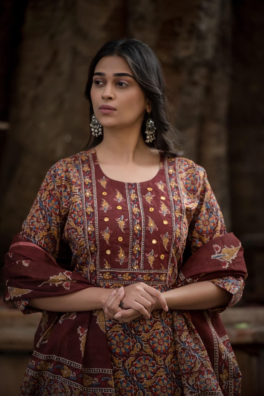 Brown Cotton Kalamkari straight fit  Kurtha