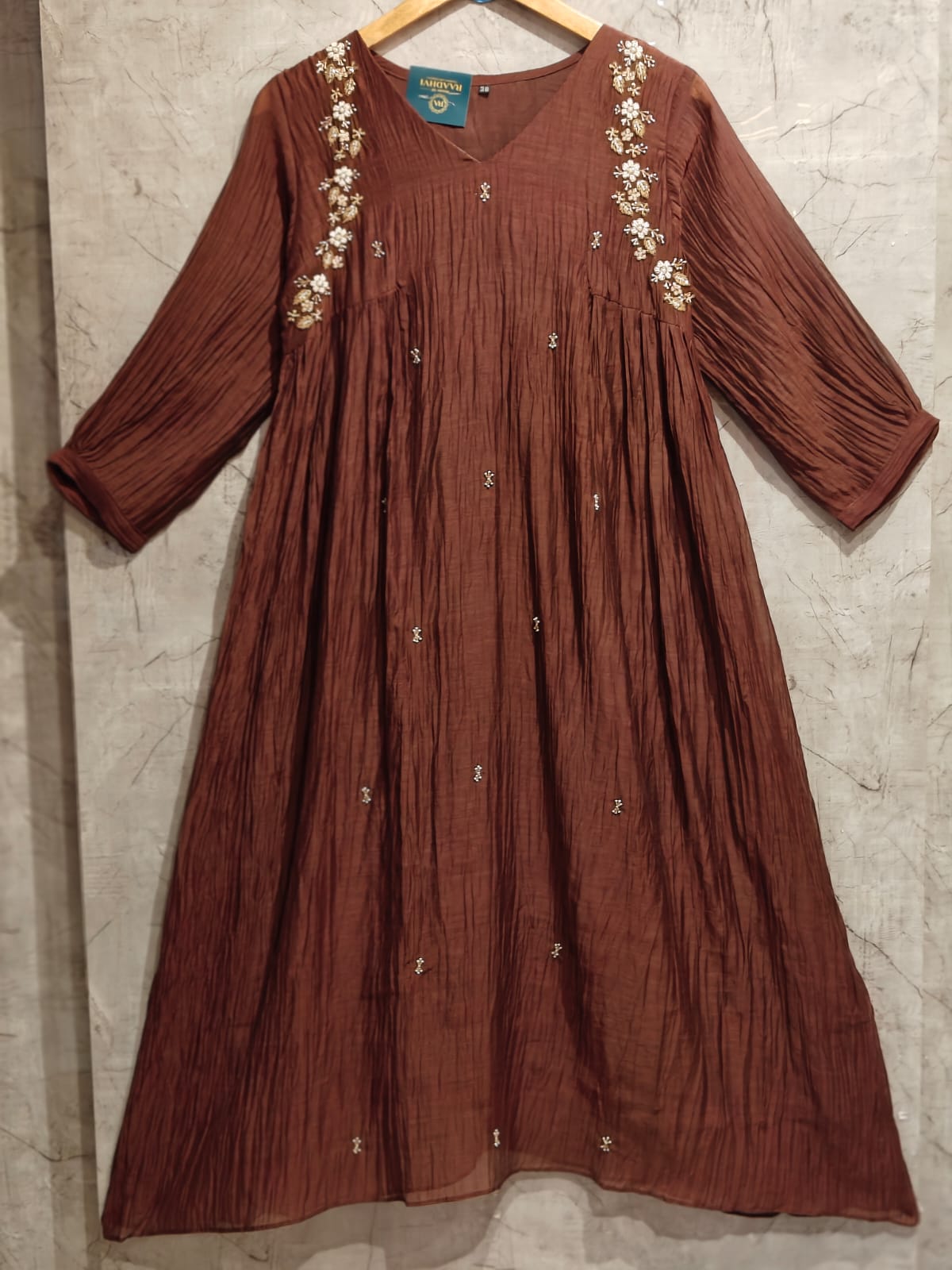 “Pani" Brown Mul Chanderi Silk Anarkali Handwork Kurtha 326