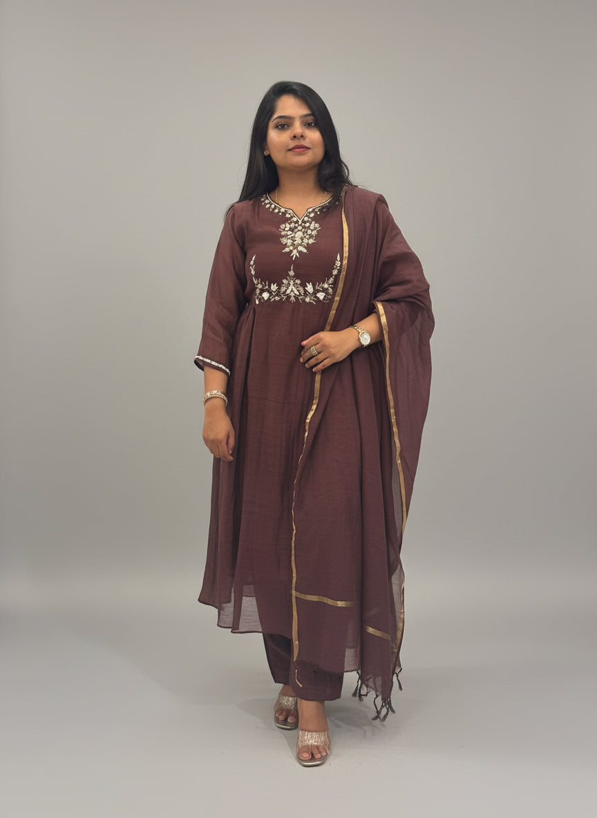 Brown Mul Chanderi silk airline  Kurtha 765 with Handwork Embroidery