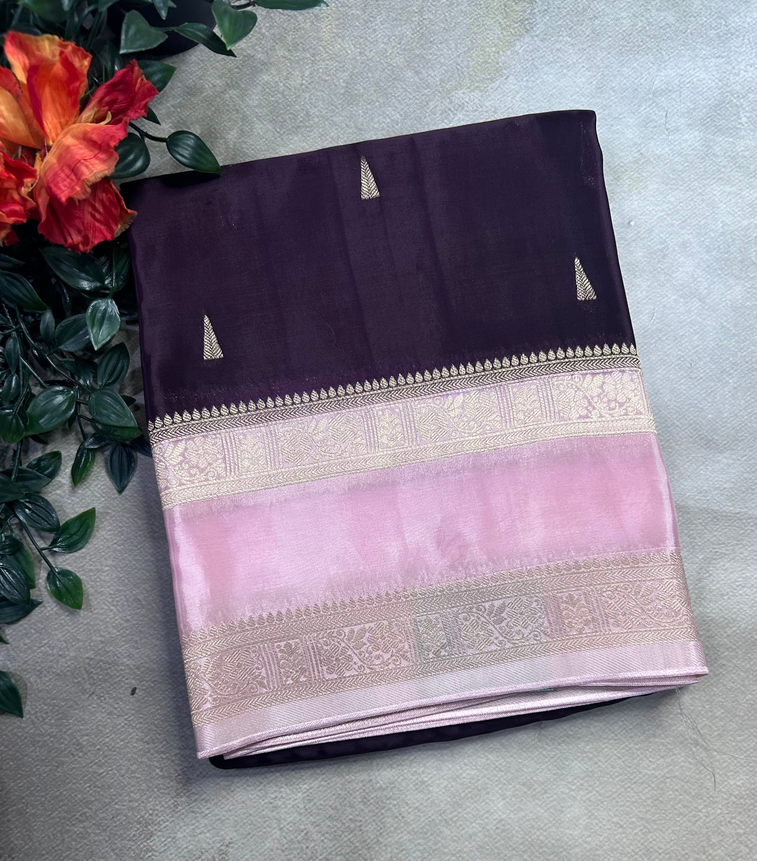 Brown contrast bentex border semi Mysore crepe 106 saree