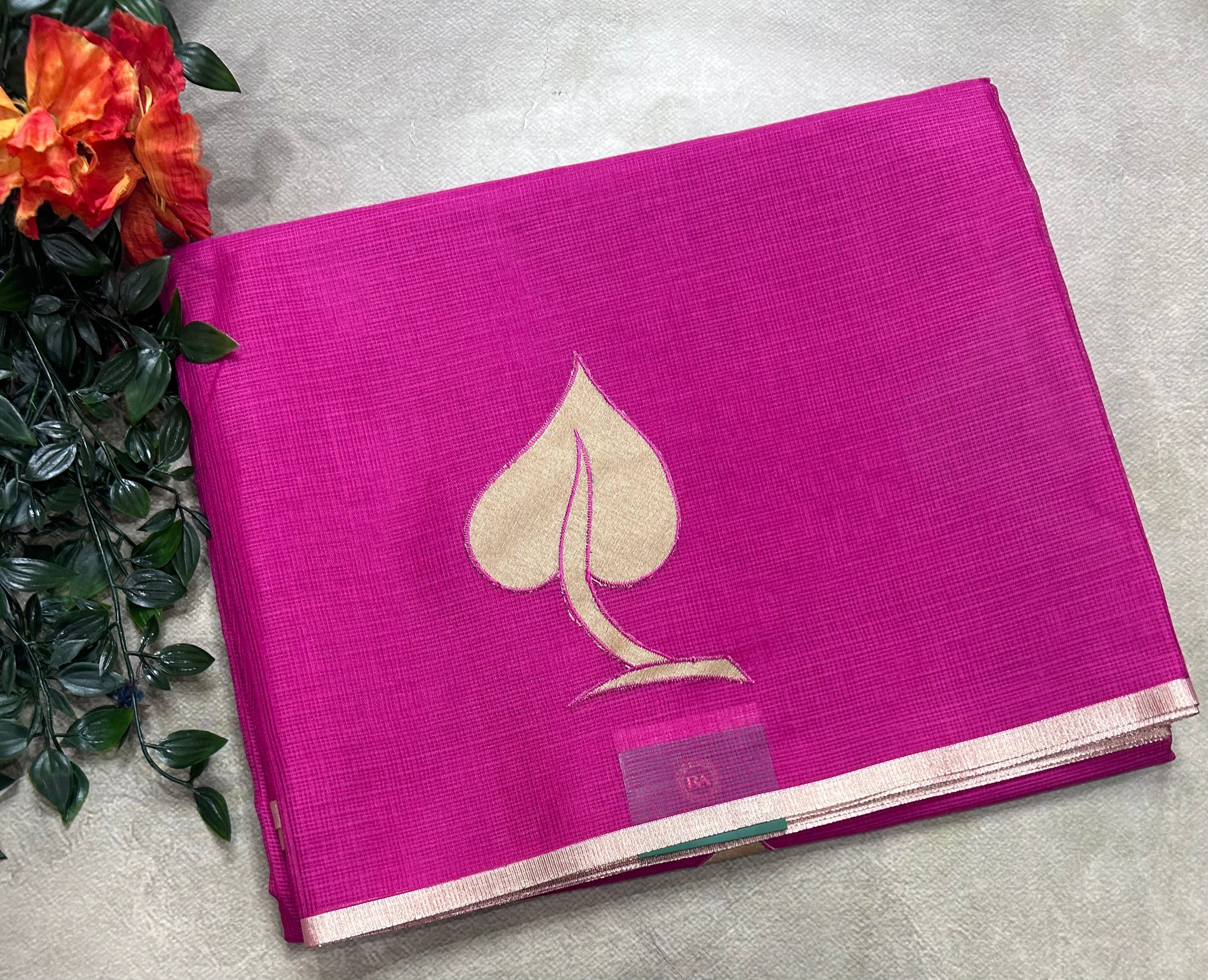 Pink kota checks appliqué work 106 saree