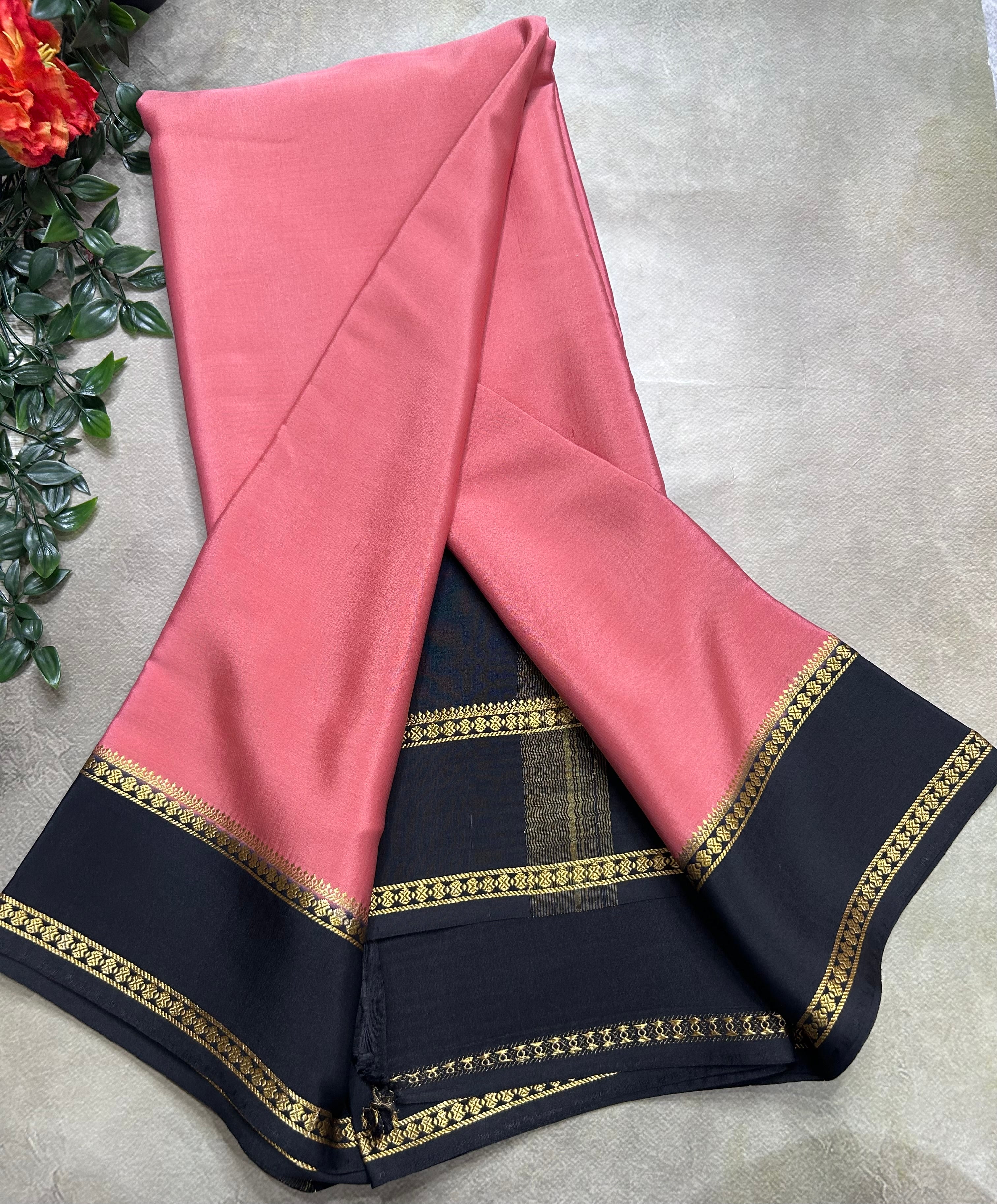 Peach n black plain bentex border pure mysore silk saree(BMS105)