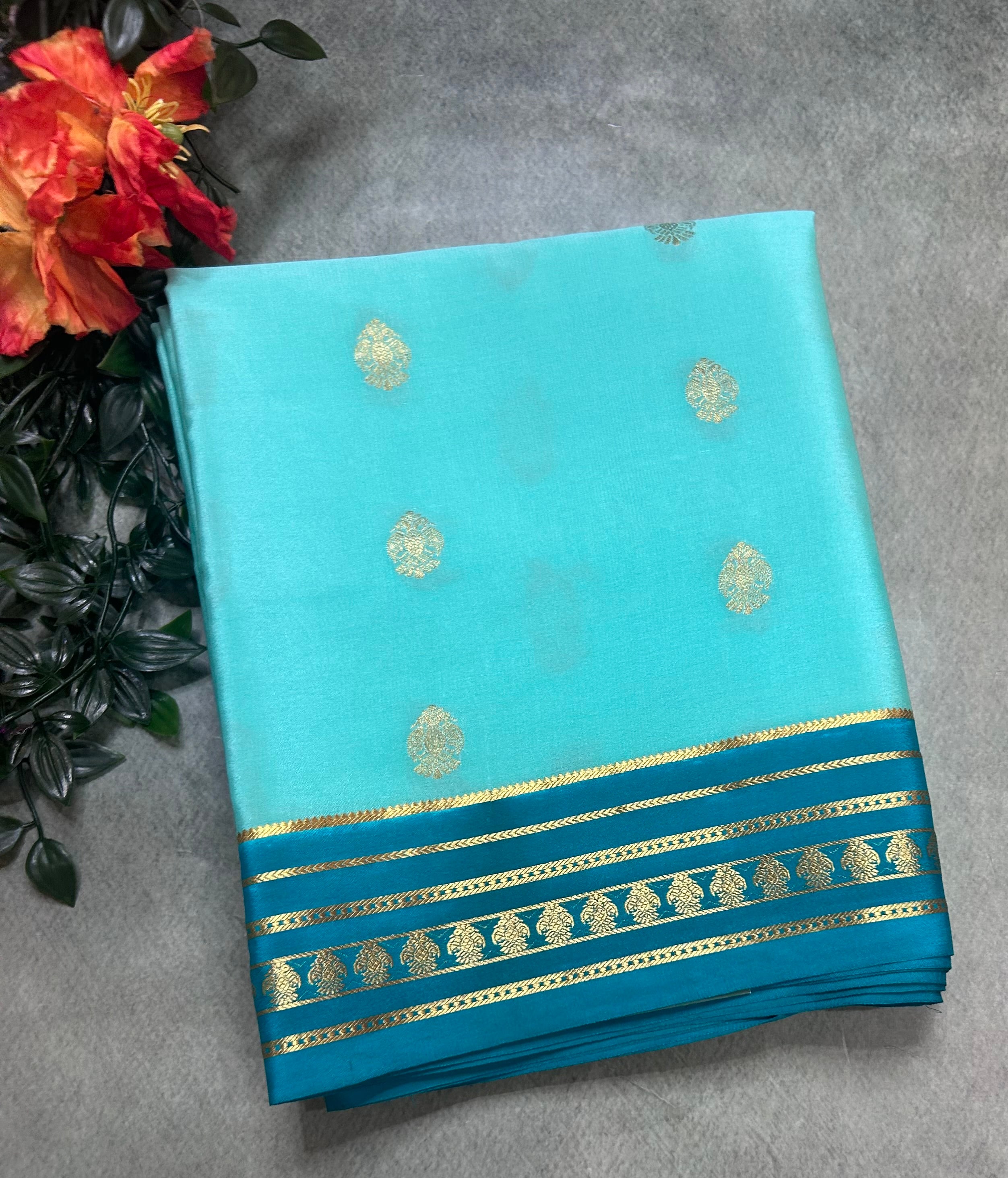 Sea green stripes border pure Mysore silk 106 saree