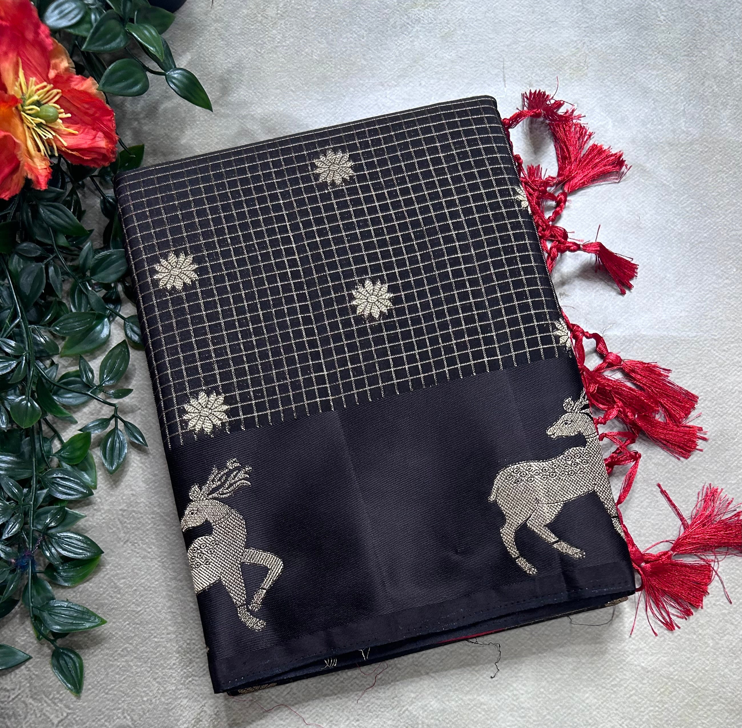 Black small checks semi Mysore crepe 106 saree