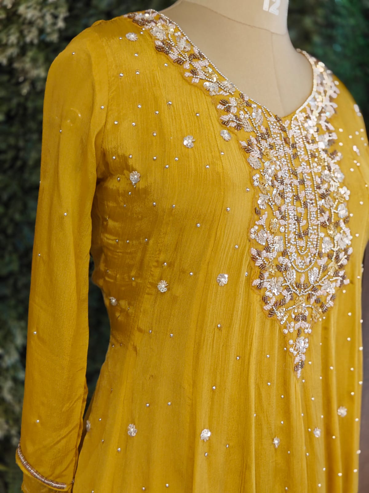 “Pari" Yellow Anarkali chinnon handwork party ware Kurtha 567