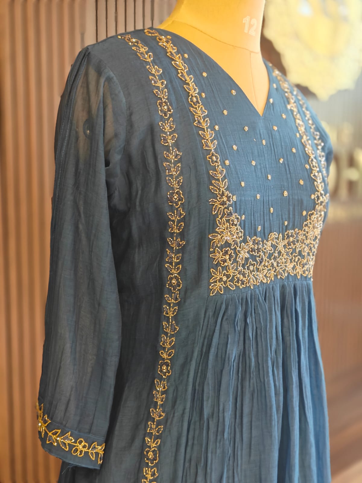 “Pani" Blue Mul Chanderi silk Kurtha suit with work hand embroidery 898