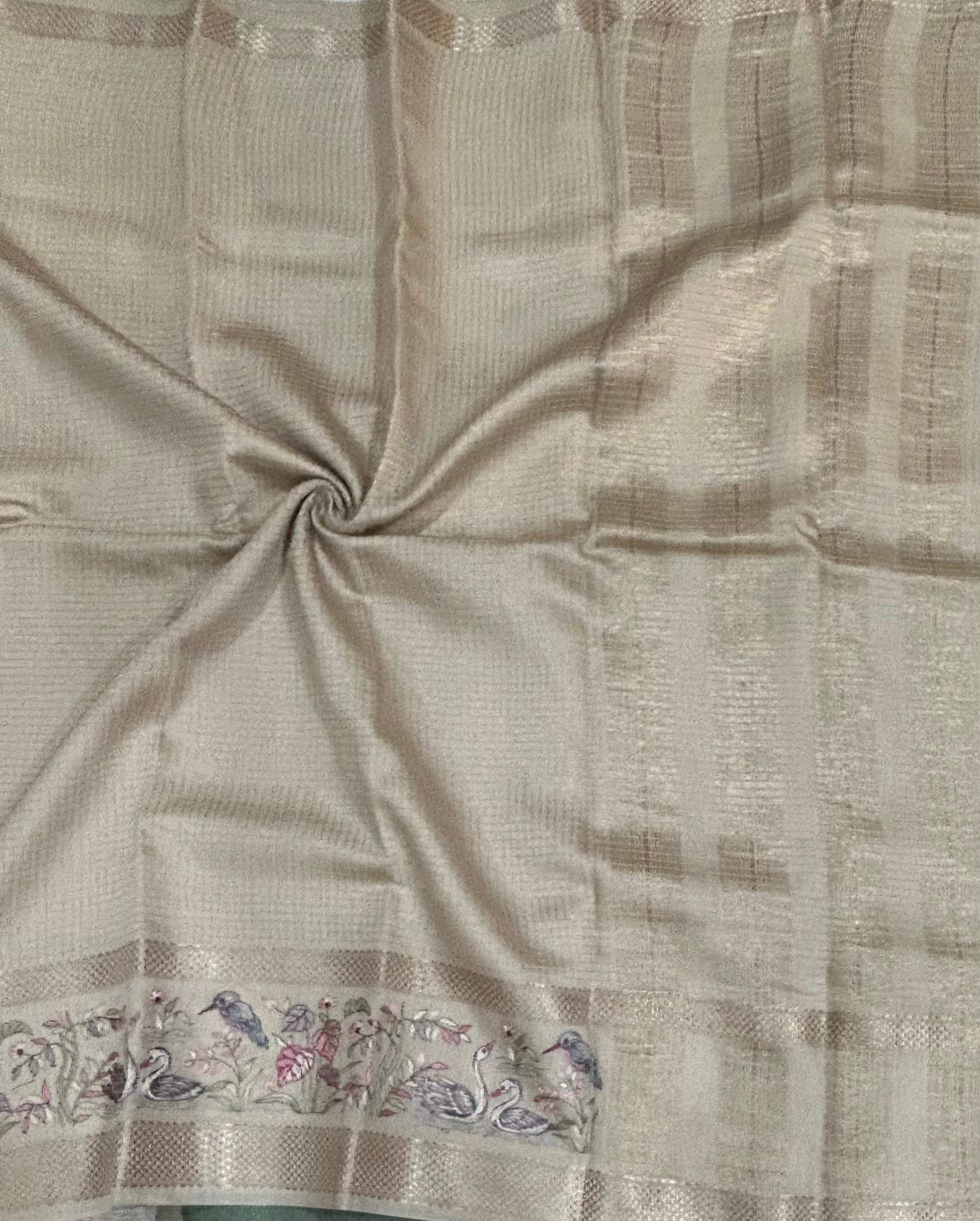 Beige-2 checks embrodiery butta border soft tussar crepe 104 saree