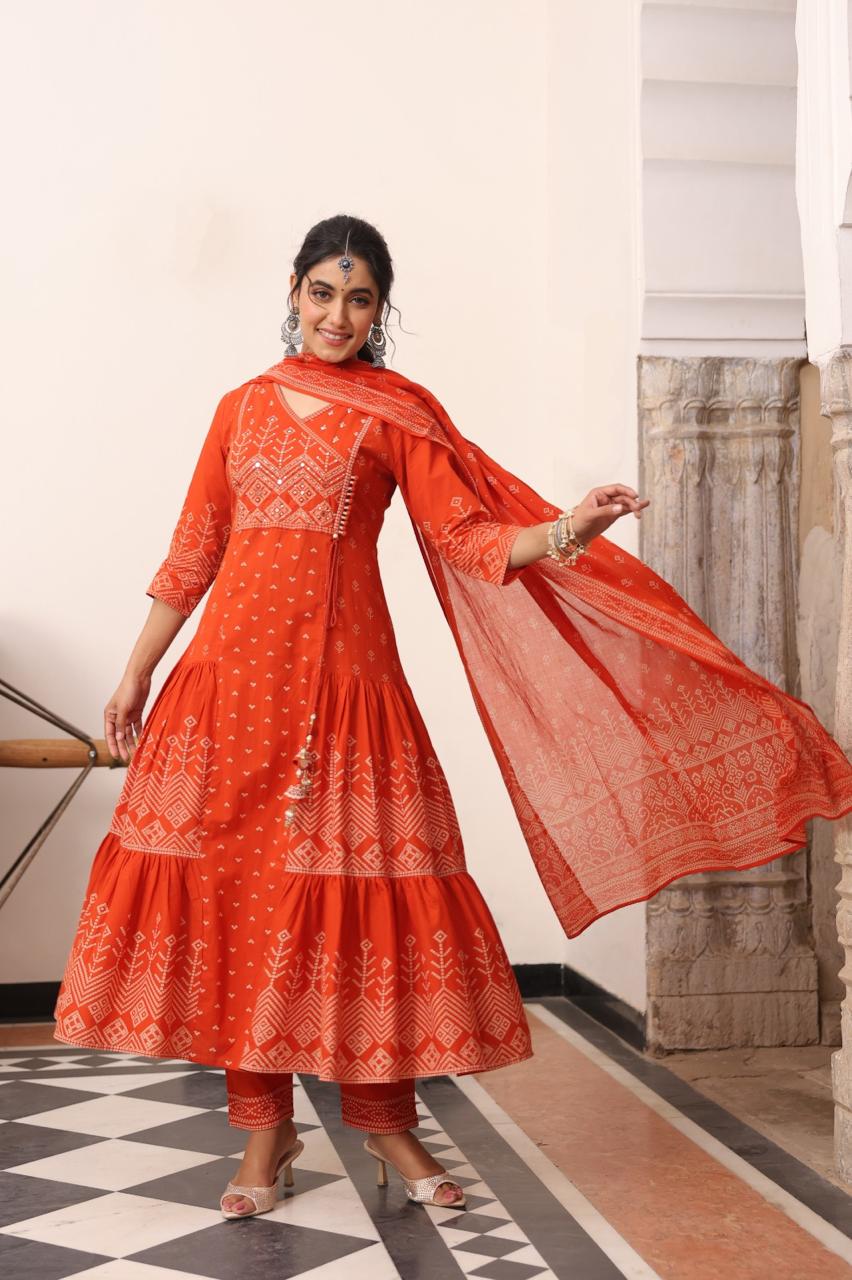 Orange Cotton Kalamkari Print Anarkali Kurtha 389