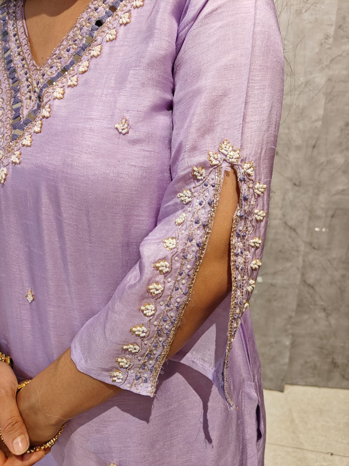 Lilac Dola Silk Hand Embroidery Straight Fit Kurtha 454