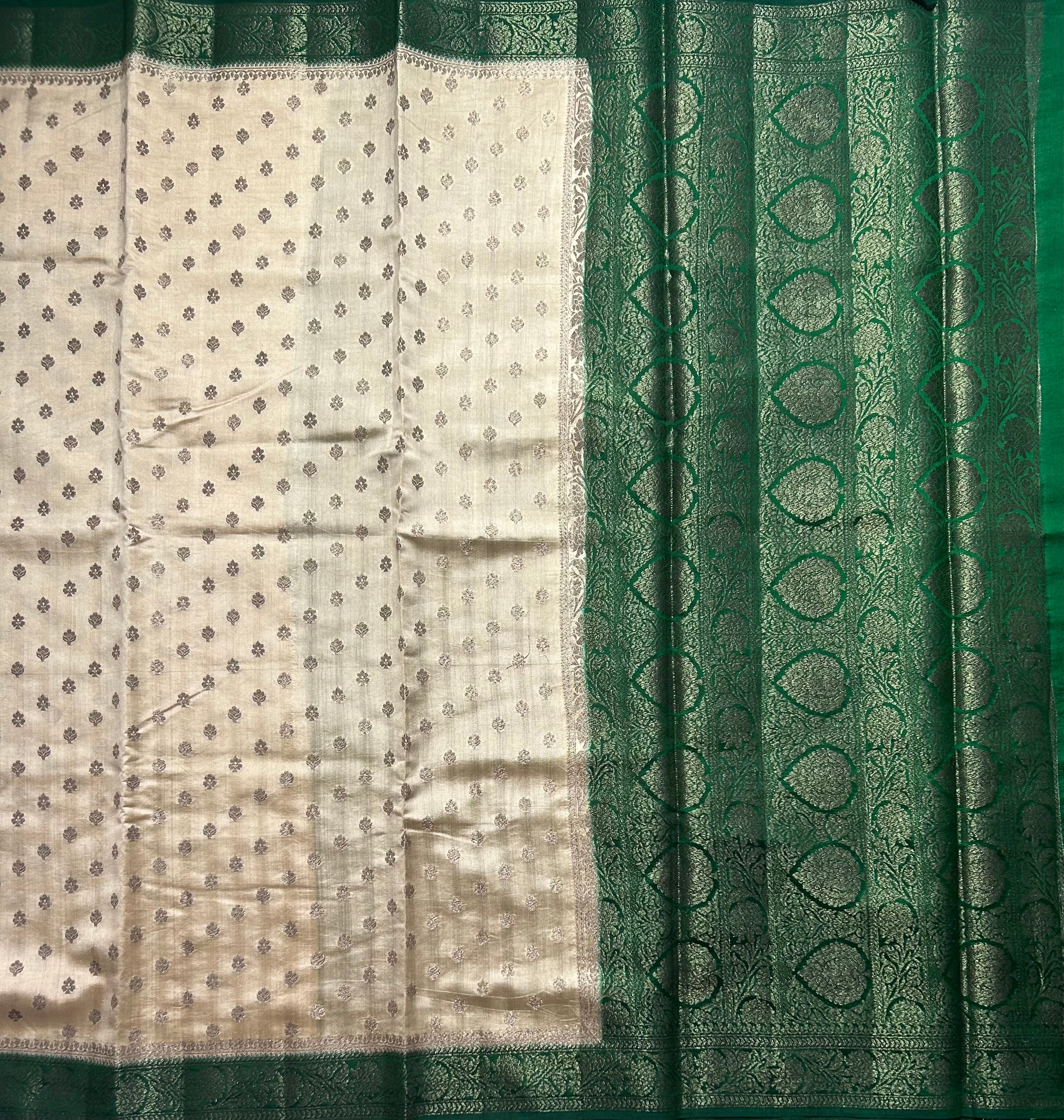 Golden beige n green small Butta pure chiniya 103 saree