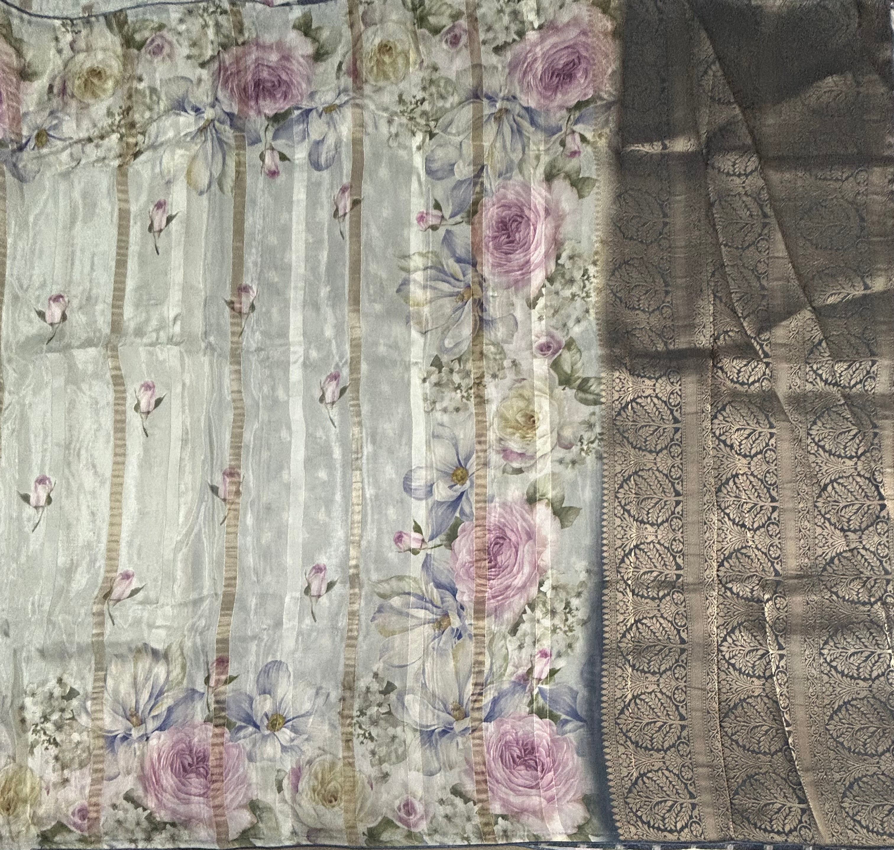 Cream digital print chinnon saree