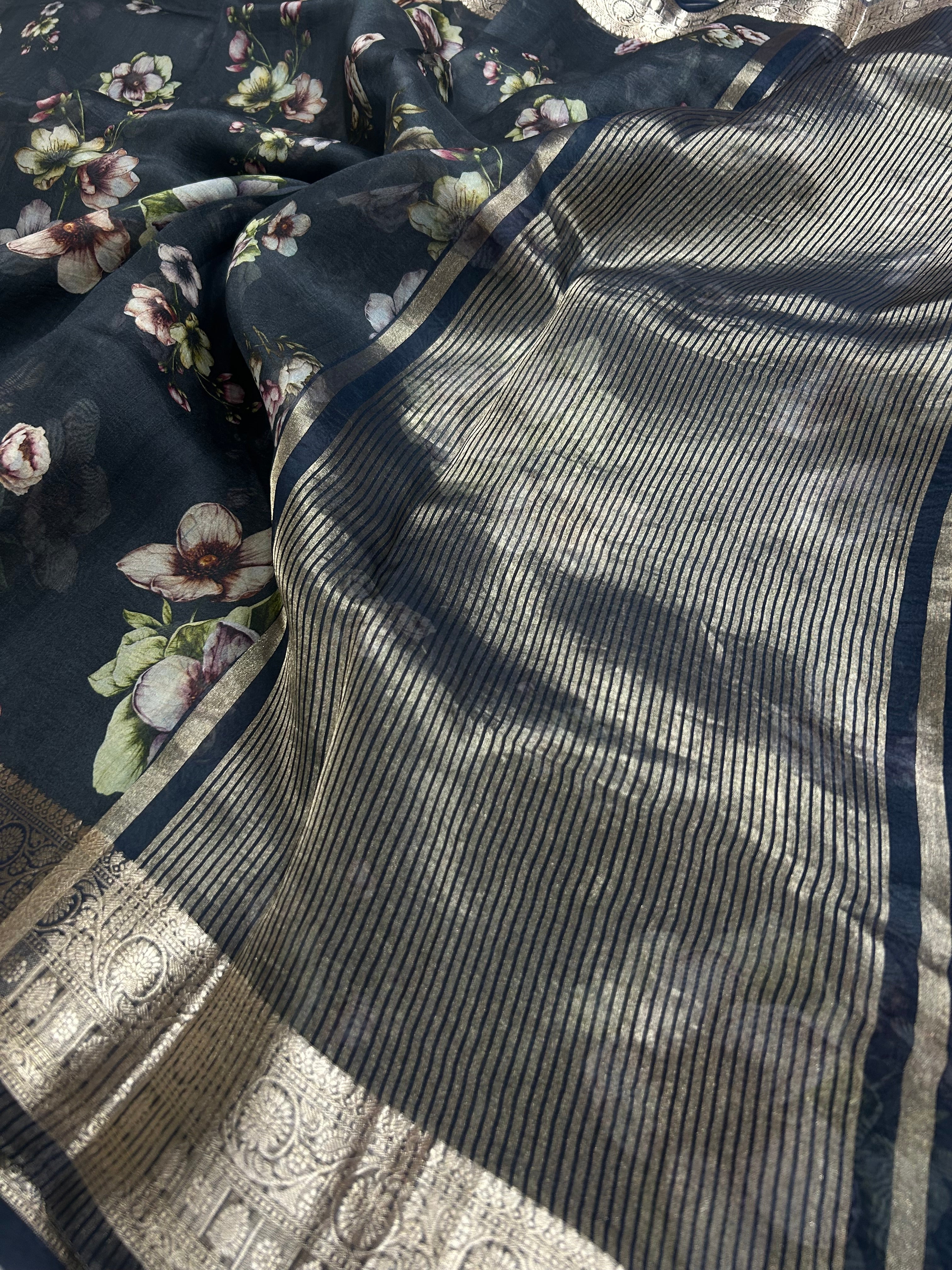 Black printed pure kora organza 105 saree