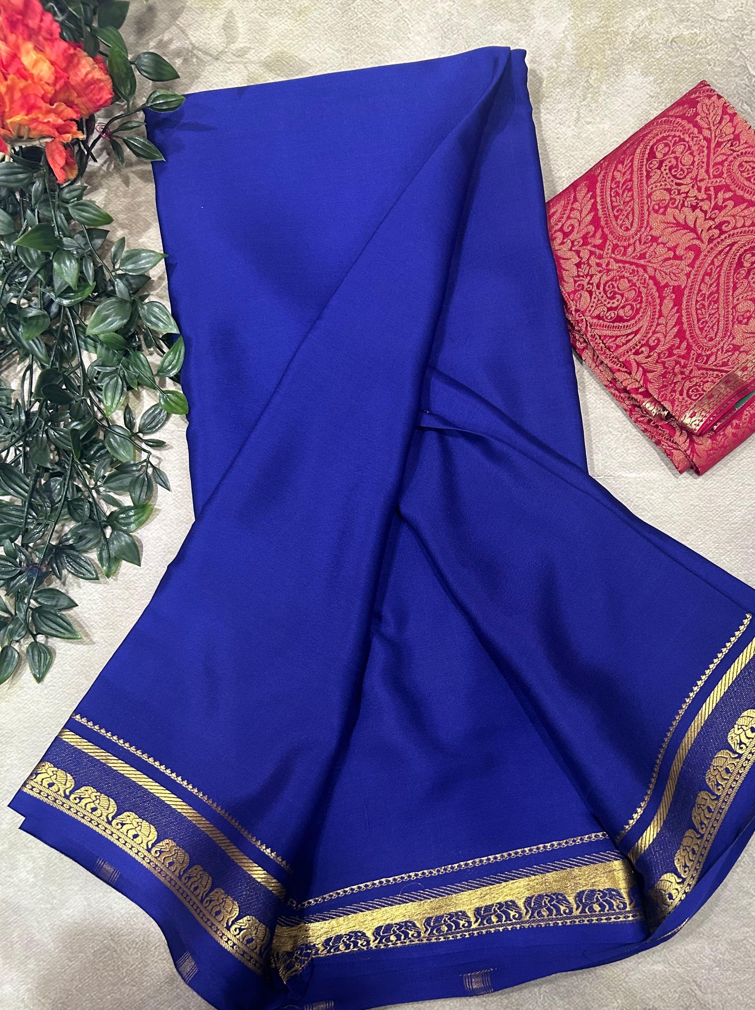 Navy blue plain pure mysore crepe silk saree with Mysore brocade blouse piece(MSM106)