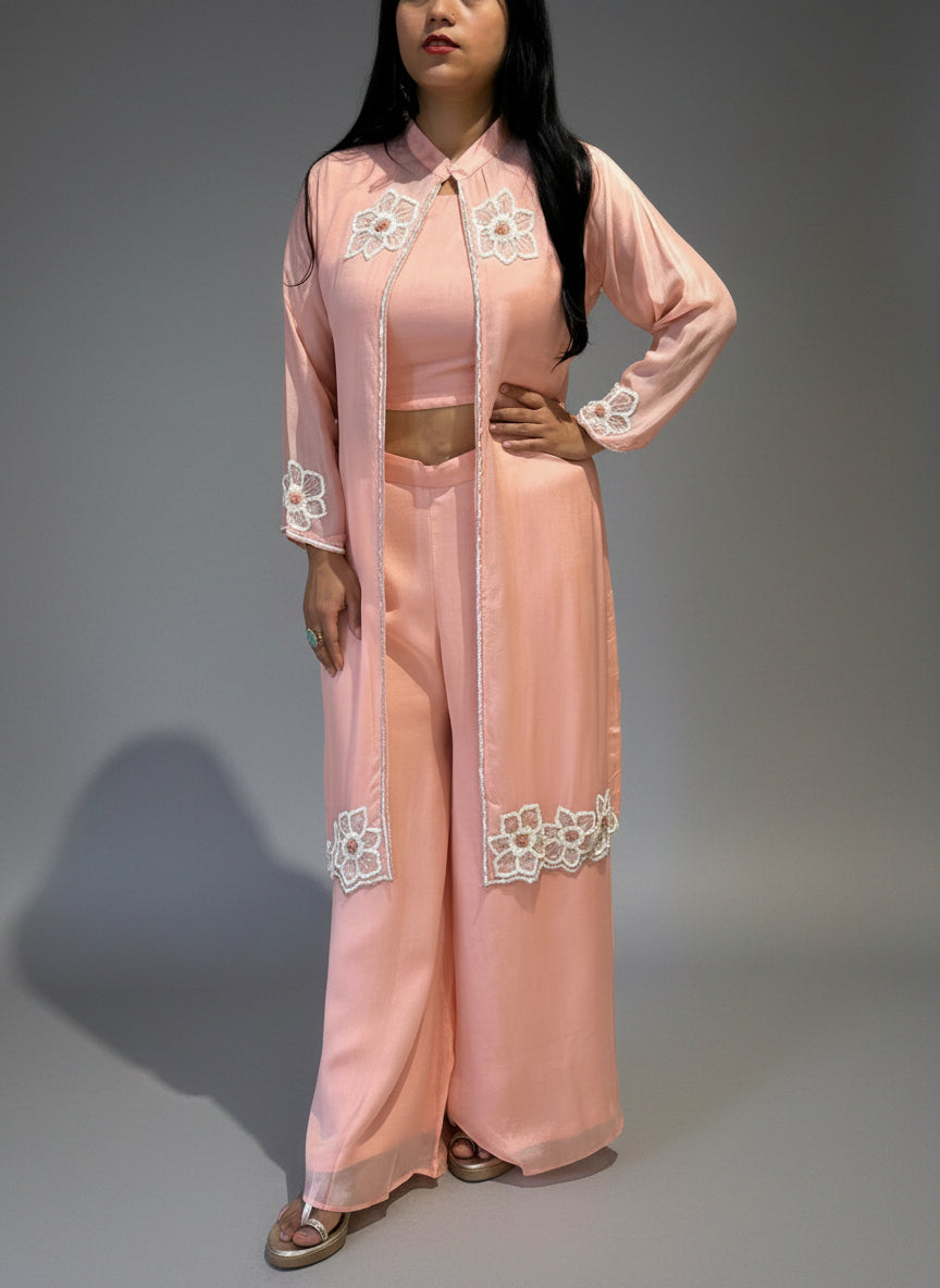 "PARI"  Peach Designer Kurtha 43 Set with Handwork Top, Palazoo and Jacket Indo-western cape