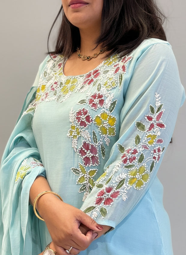 Blue Mul Chanderi Hand Embroidery Straight Fit Kurtha 688