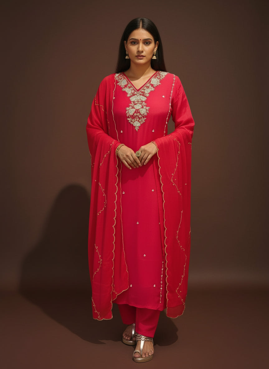 Red Chinnon Hand Embroidery Airline Kurtha 444