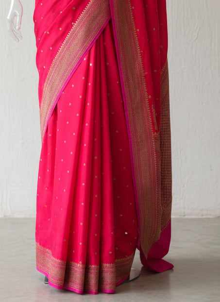 Red n pink small Butta pure Benarasi crepe 104 saree
