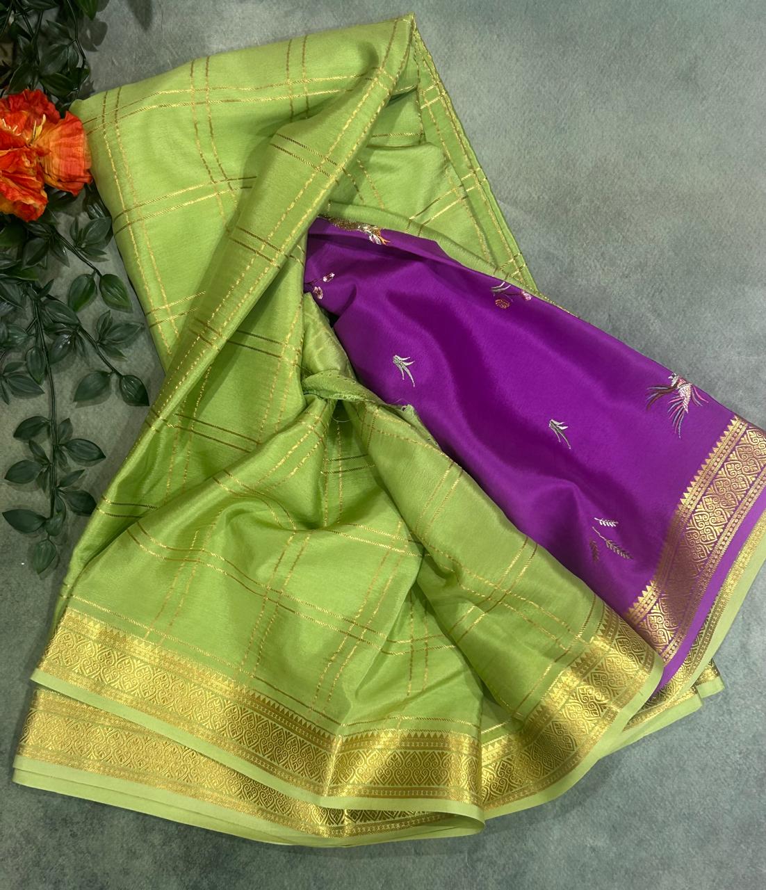 Pista  green embrodiery checks pure Mysore crepe silk 103 saree