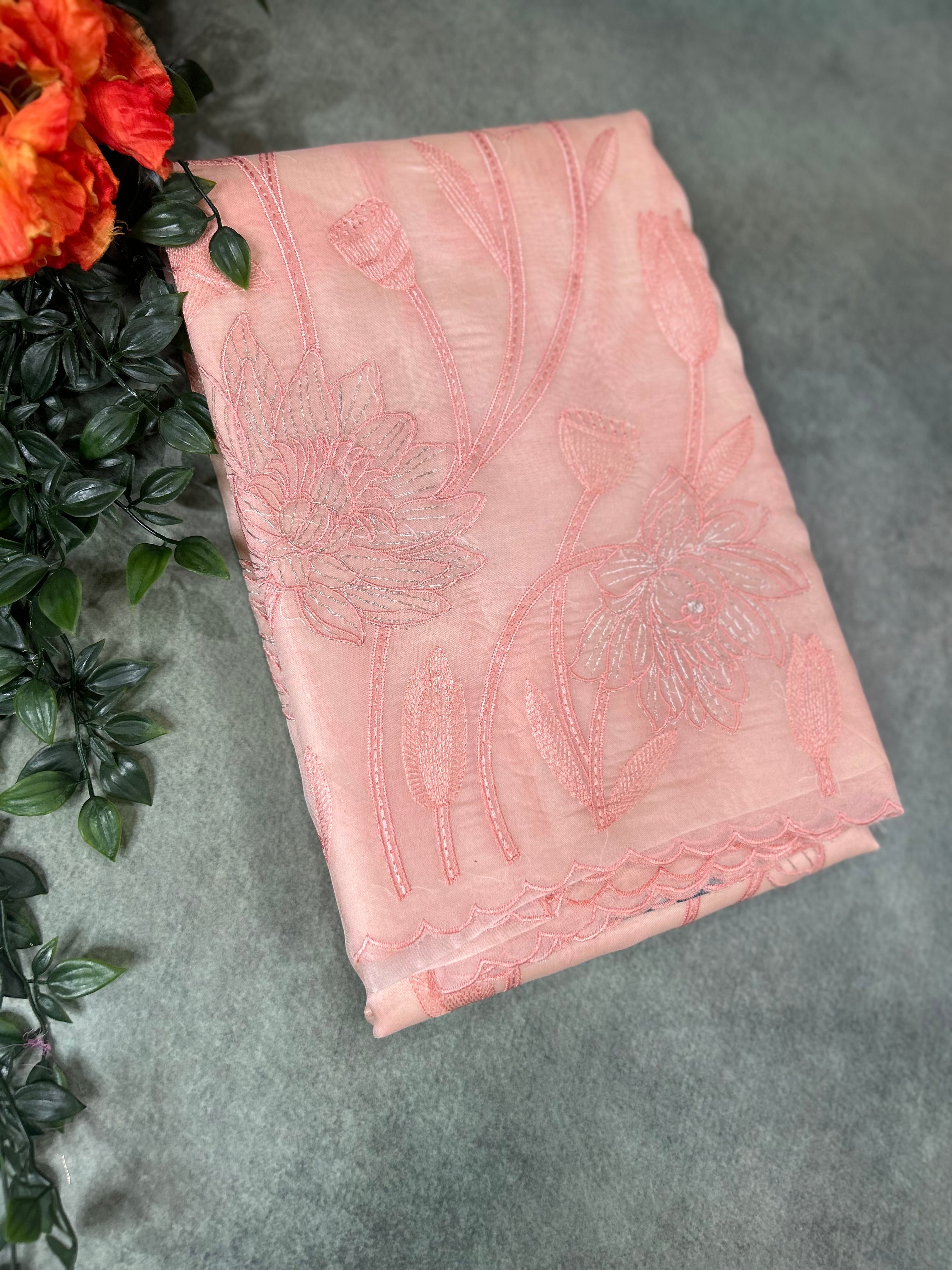Peach pure organza embroidery saree