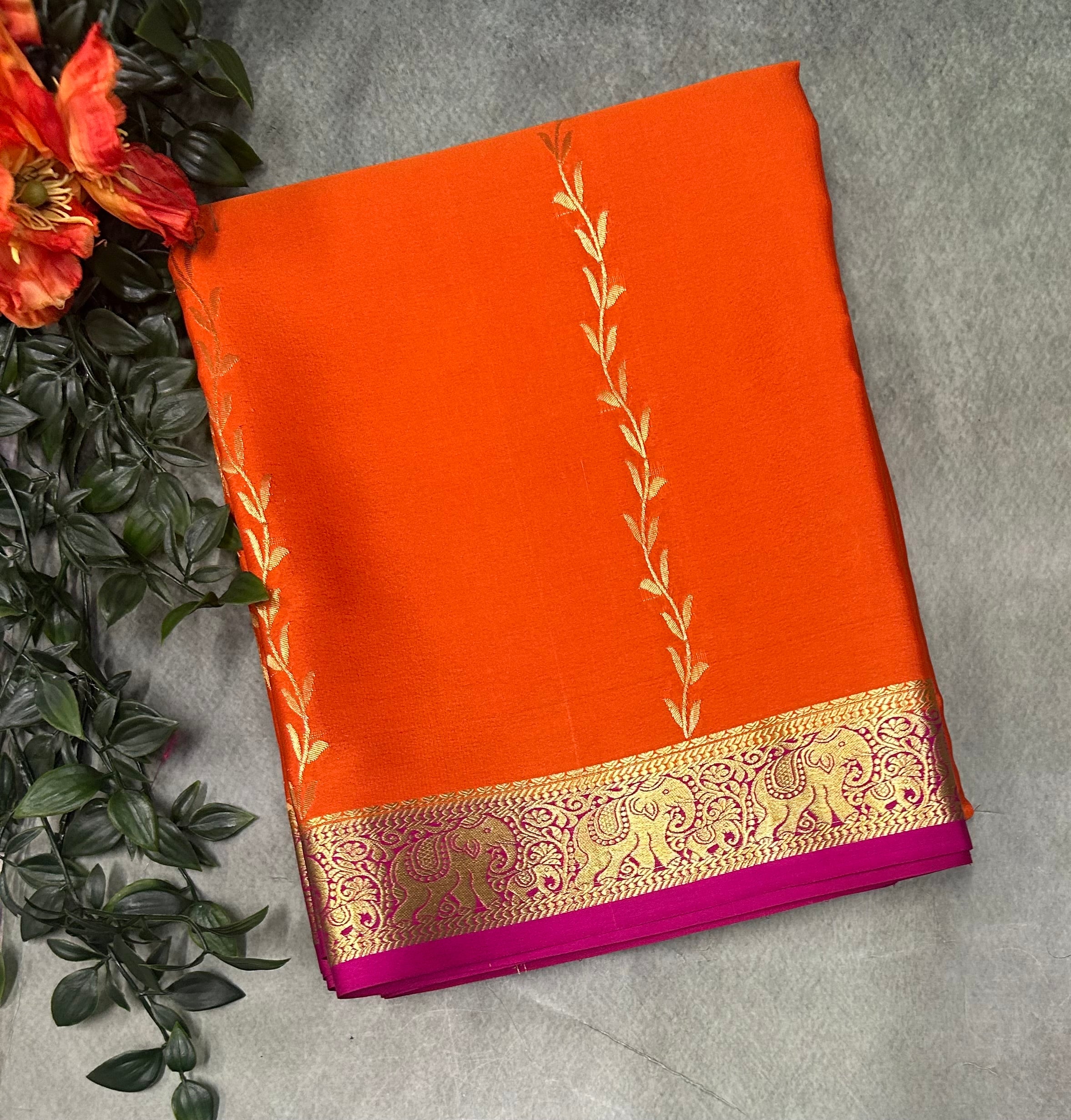 Orange n Rani pink partly pallu Pure Mysore silk crepe 103 Saree