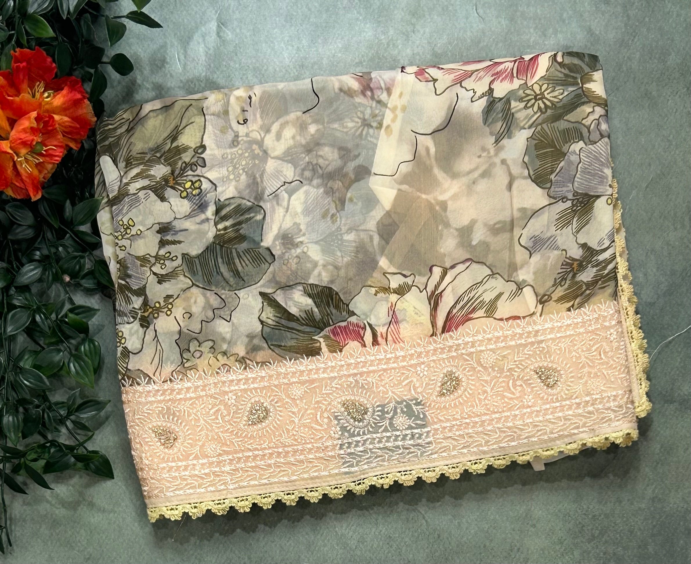 Peach digital printed border 104 chinnon saree