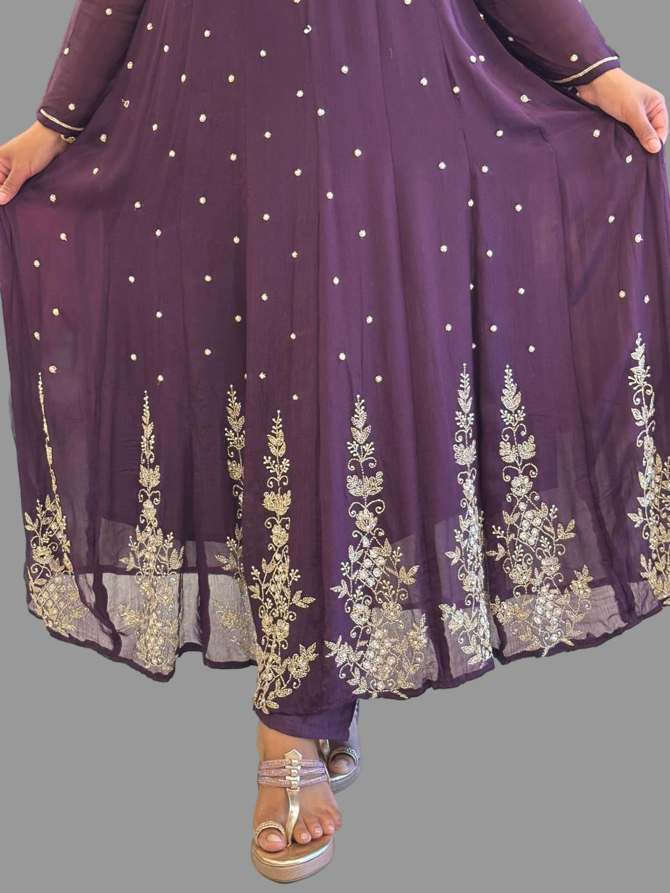 Dark Purple Anarkali Chinnon Hand Embroidery Kurtha 567