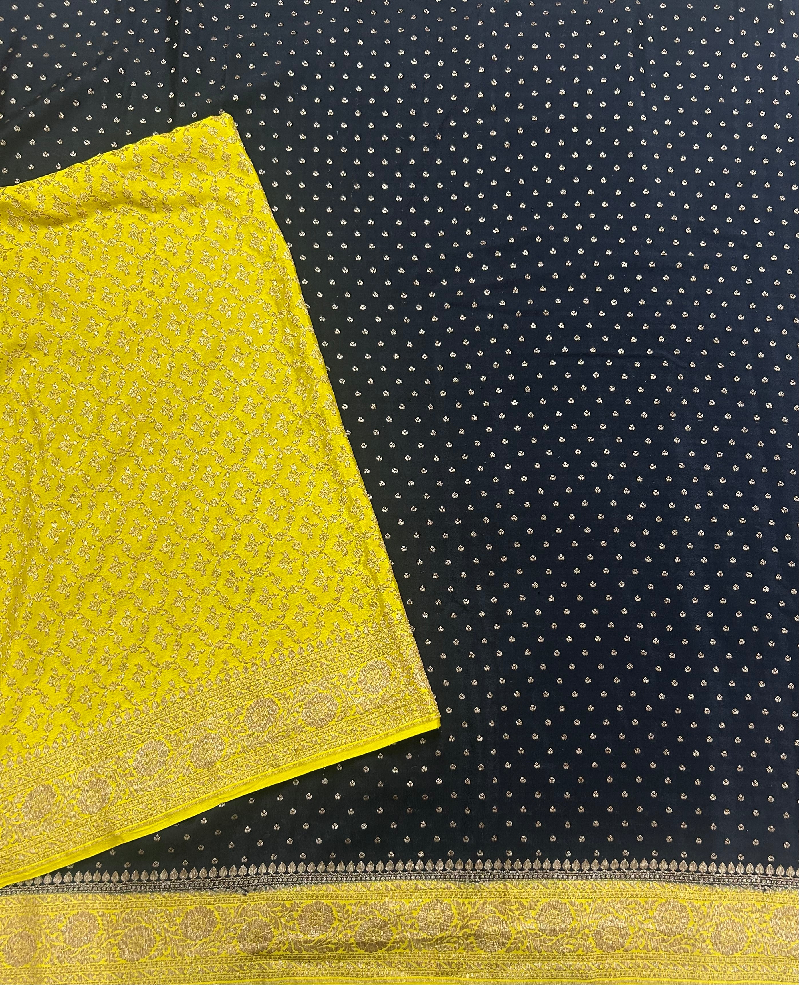 Black n yellow small Butta pure Benarasi crepe 104 saree
