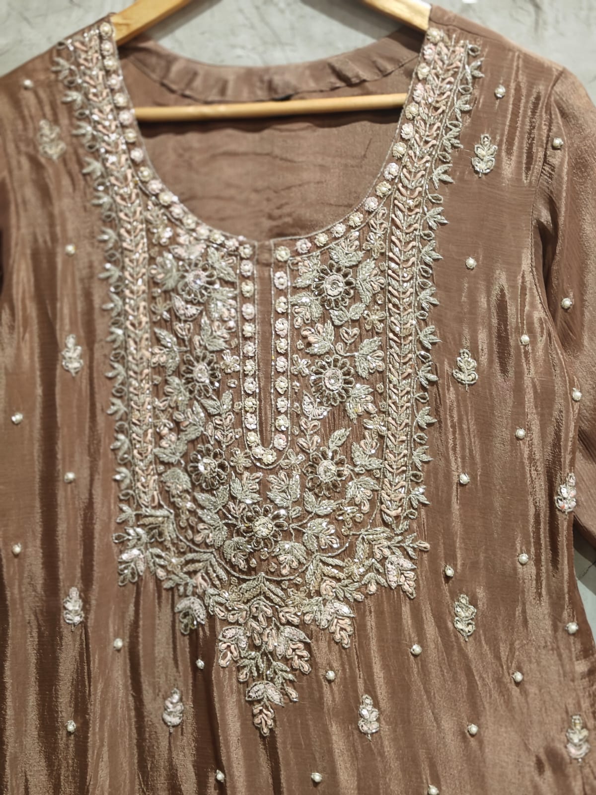Brown Chinnon Hand Embroidery Sharara Kurtha