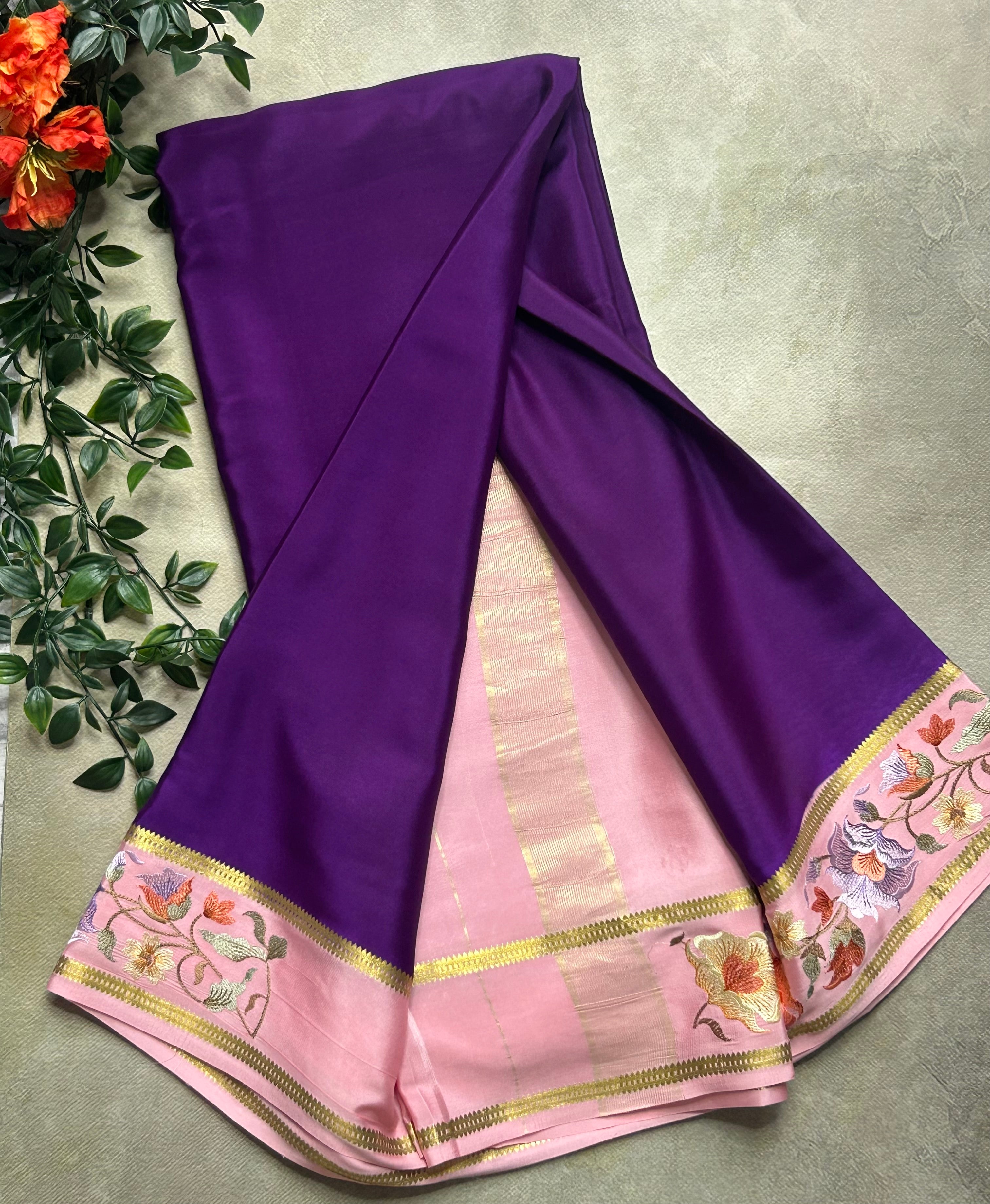 Purple n pastel pink embroidery contrast pure mysore silk-103 saree(purple n lilac)