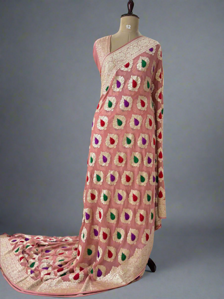 Peach velvet embossed pure georgette-08 saree