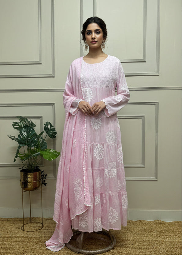 Pink Mul Cotton Block Print Anarkali Kurtha 98