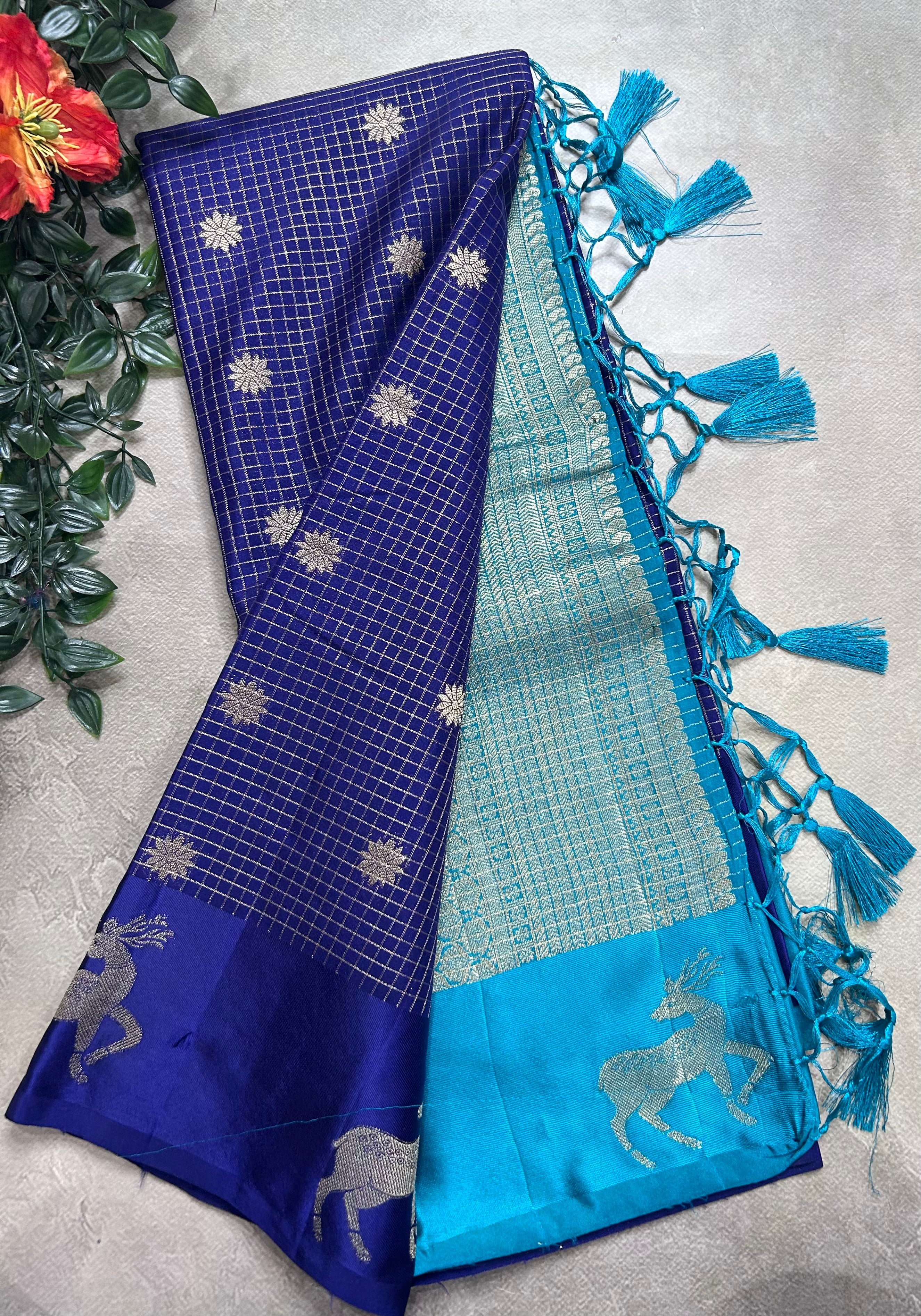 Navy blue small checks semi Mysore crepe 106 saree
