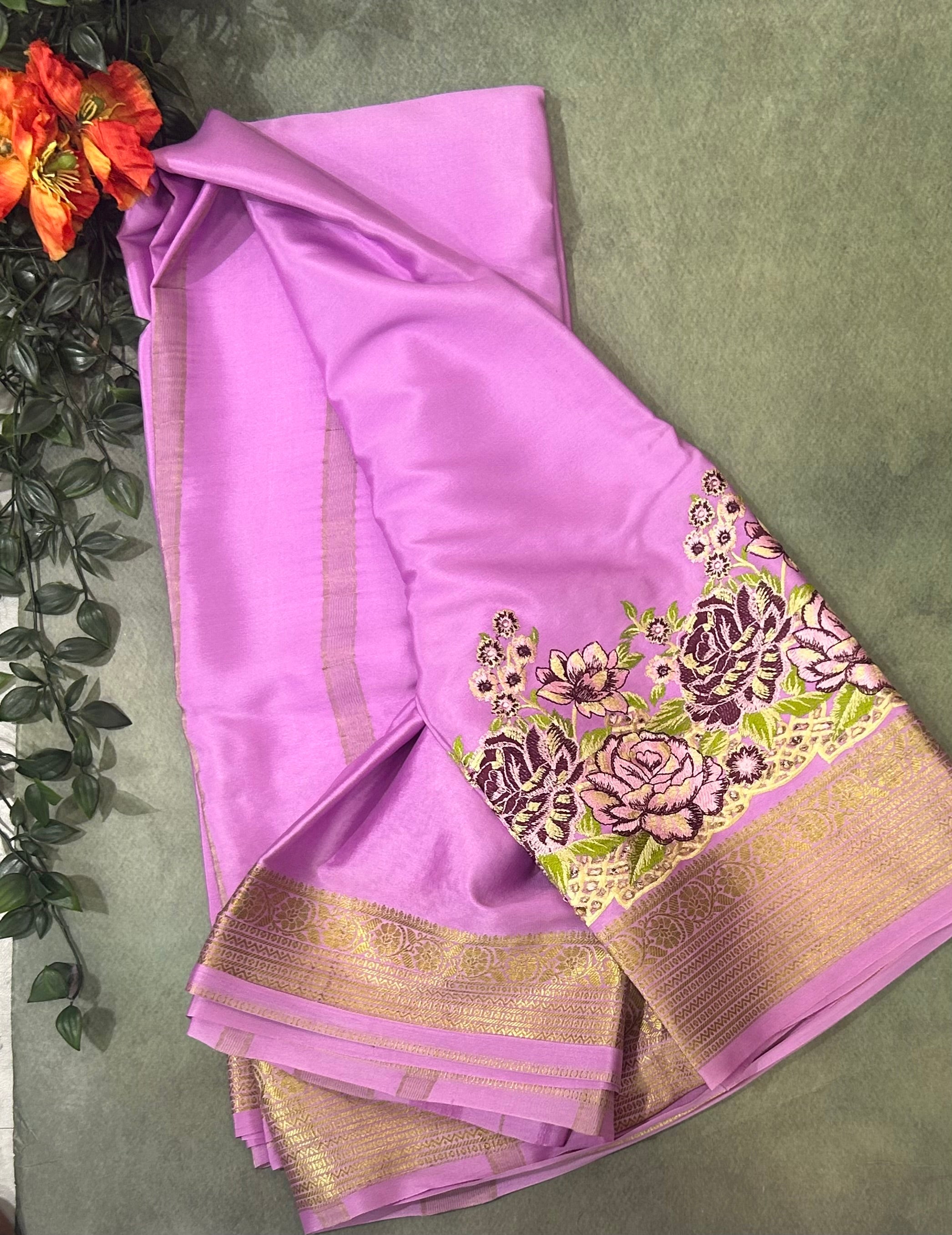 Light purple embroidery pure Mysore crepe silk saree